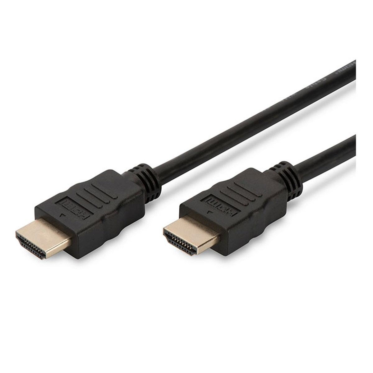 Due cavi HDMI con connettori e cavi neri, su una superficie bianca. I connettori hanno pin dorati.