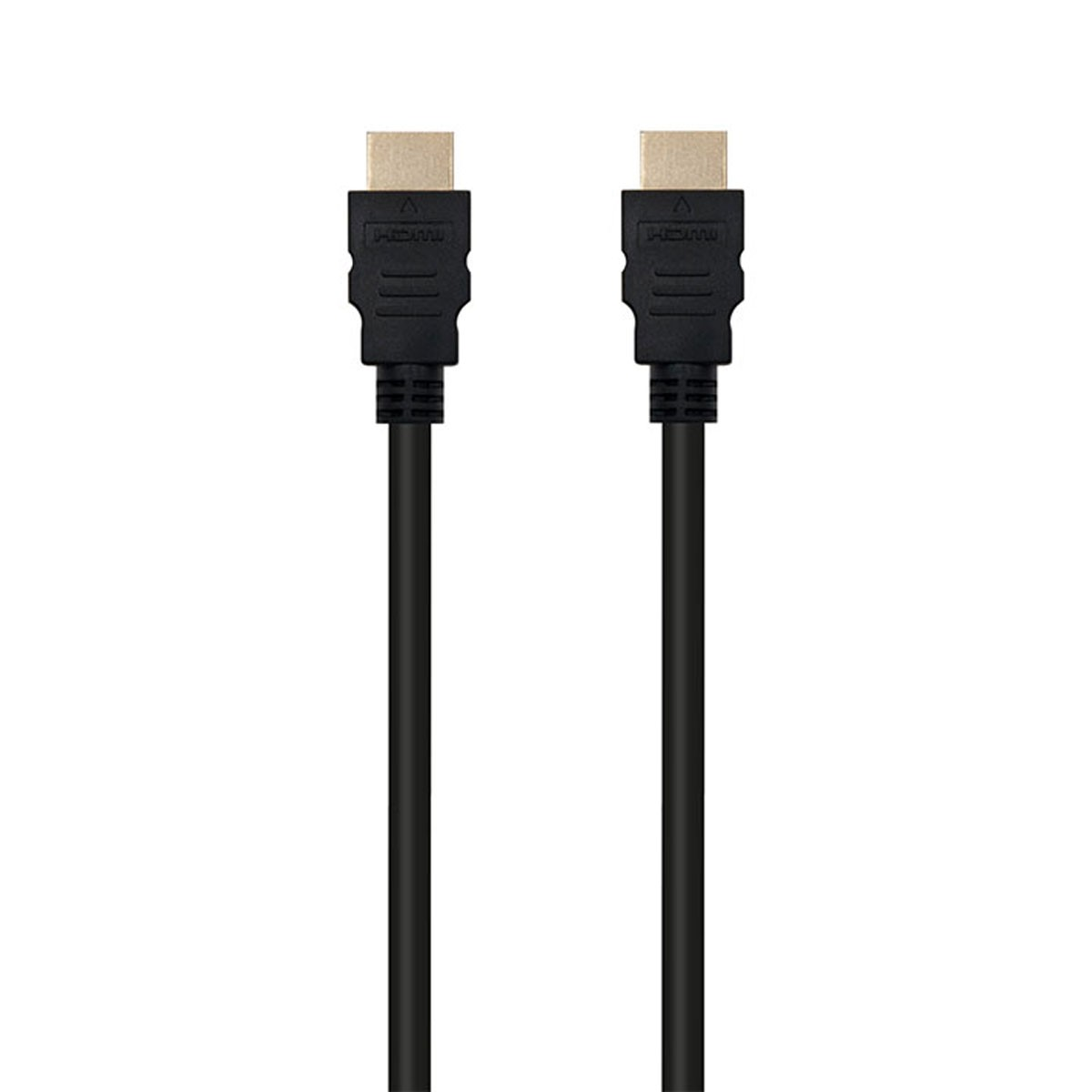 Due cavi HDMI. Ognuno ha un connettore dorato e un cavo nero. Sfondo bianco.