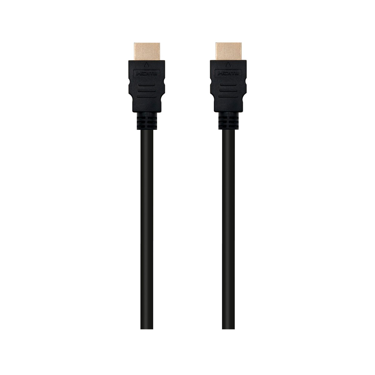 Due cavi HDMI neri con connettori dorati. I cavi sono verticali, centrati, su sfondo bianco.
