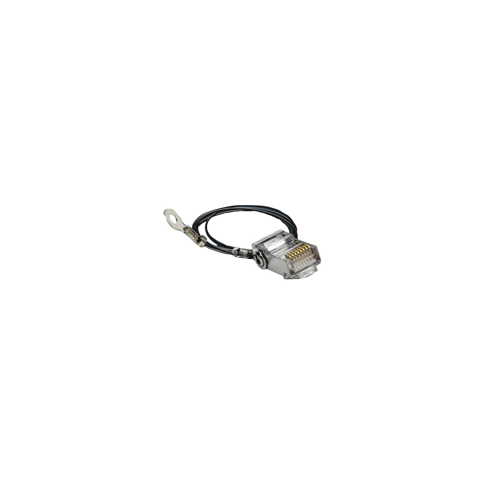 Un conector eléctrico con cables, un terminal de anillo y una carcasa de plástico transparente, sobre un fondo blanco.
