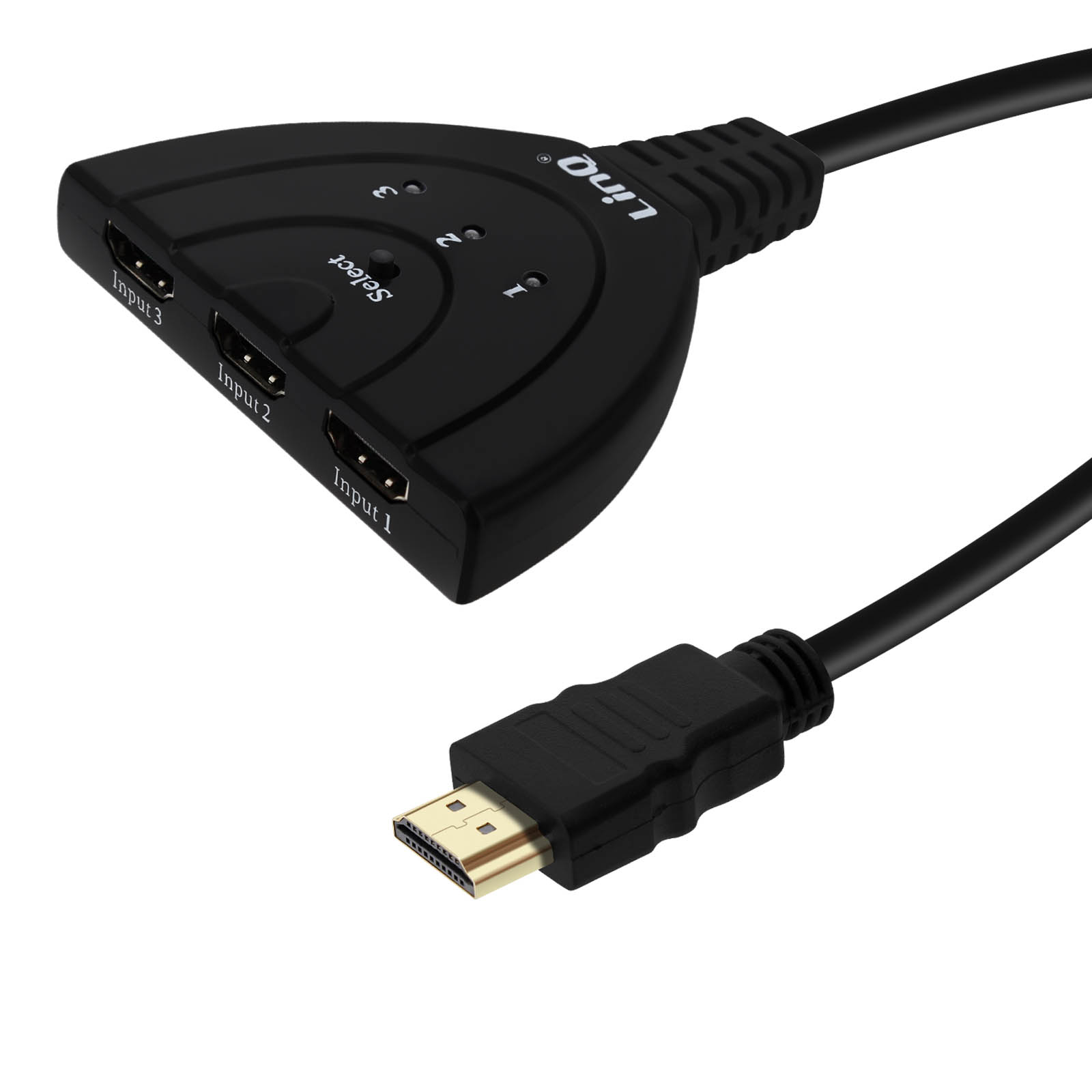 Schwarzer HDMI-Switch mit drei Eingängen, einer Auswahltaste und einem einzelnen HDMI-Kabel. Der Anschluss hat einen goldfarbenen Anschluss.