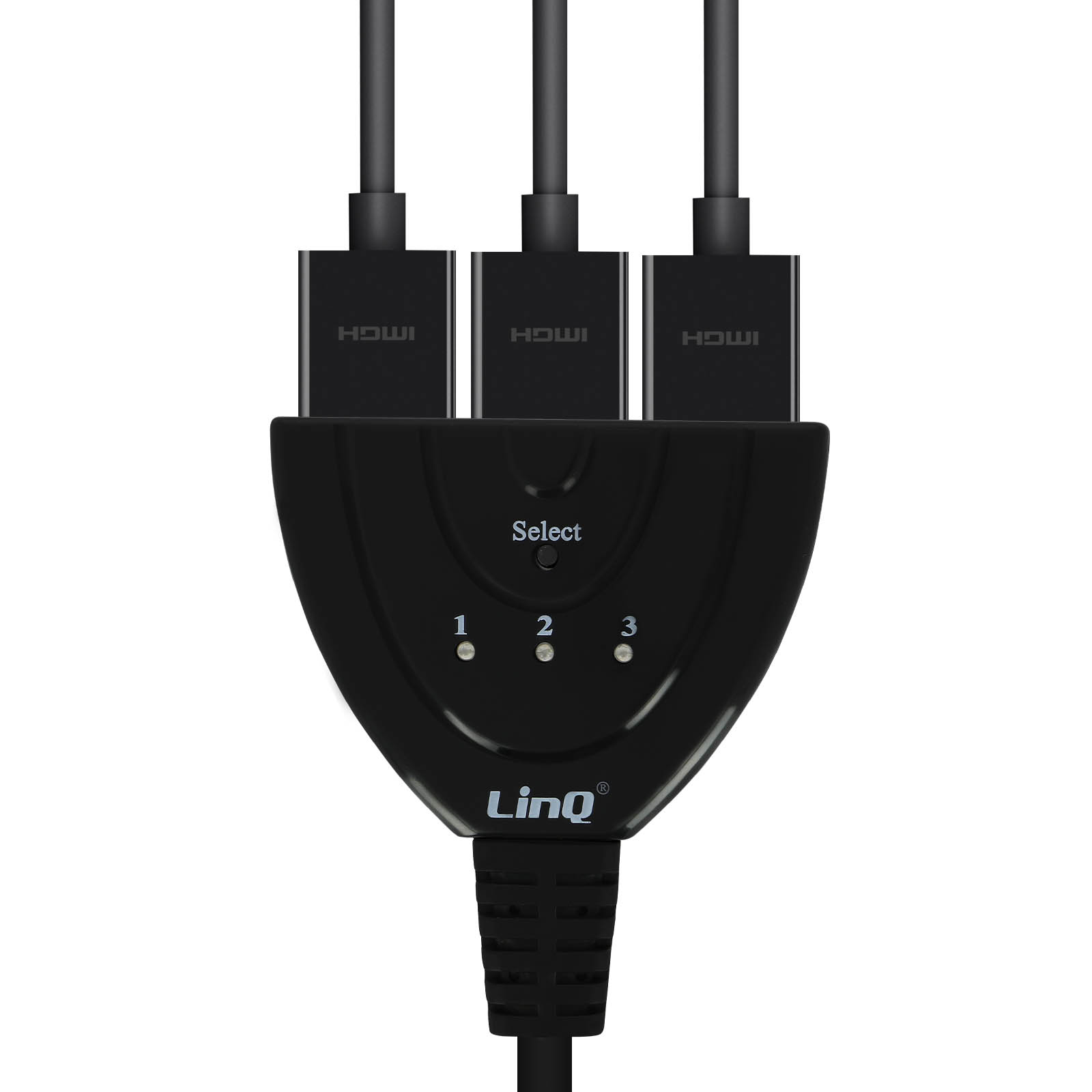 Schwarzer HDMI-Umschalter mit drei Eingängen und einem Ausgang. Mit einer Auswahltaste und nummerierter Eingangsauswahl.