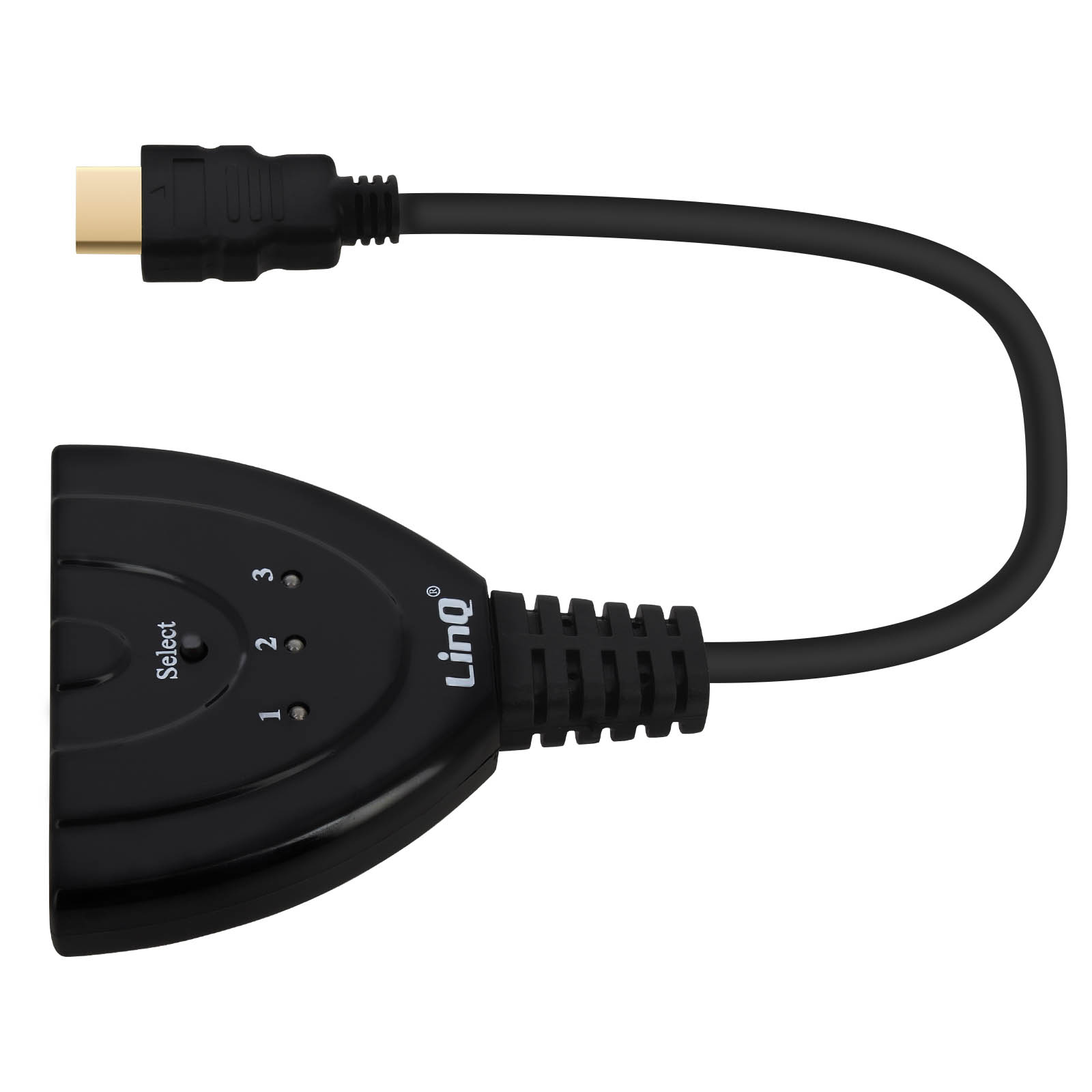 Schwarzer HDMI-Switch mit gebogenem Kabel. Hat einen goldenen Stecker, Auswahltasten und die Marke 'LinQ'. Weißer Hintergrund.