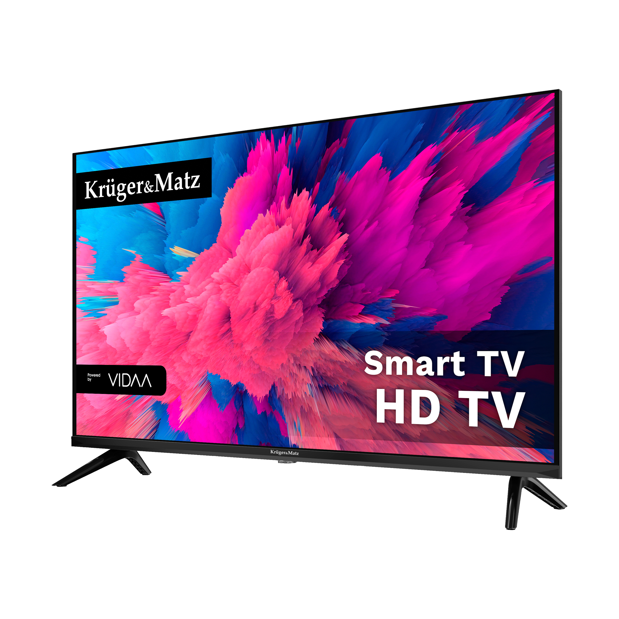 Czarny telewizor Smart TV HD Krüger & Matz z kolorową sztuką abstrakcyjną na ekranie, na białym tle.