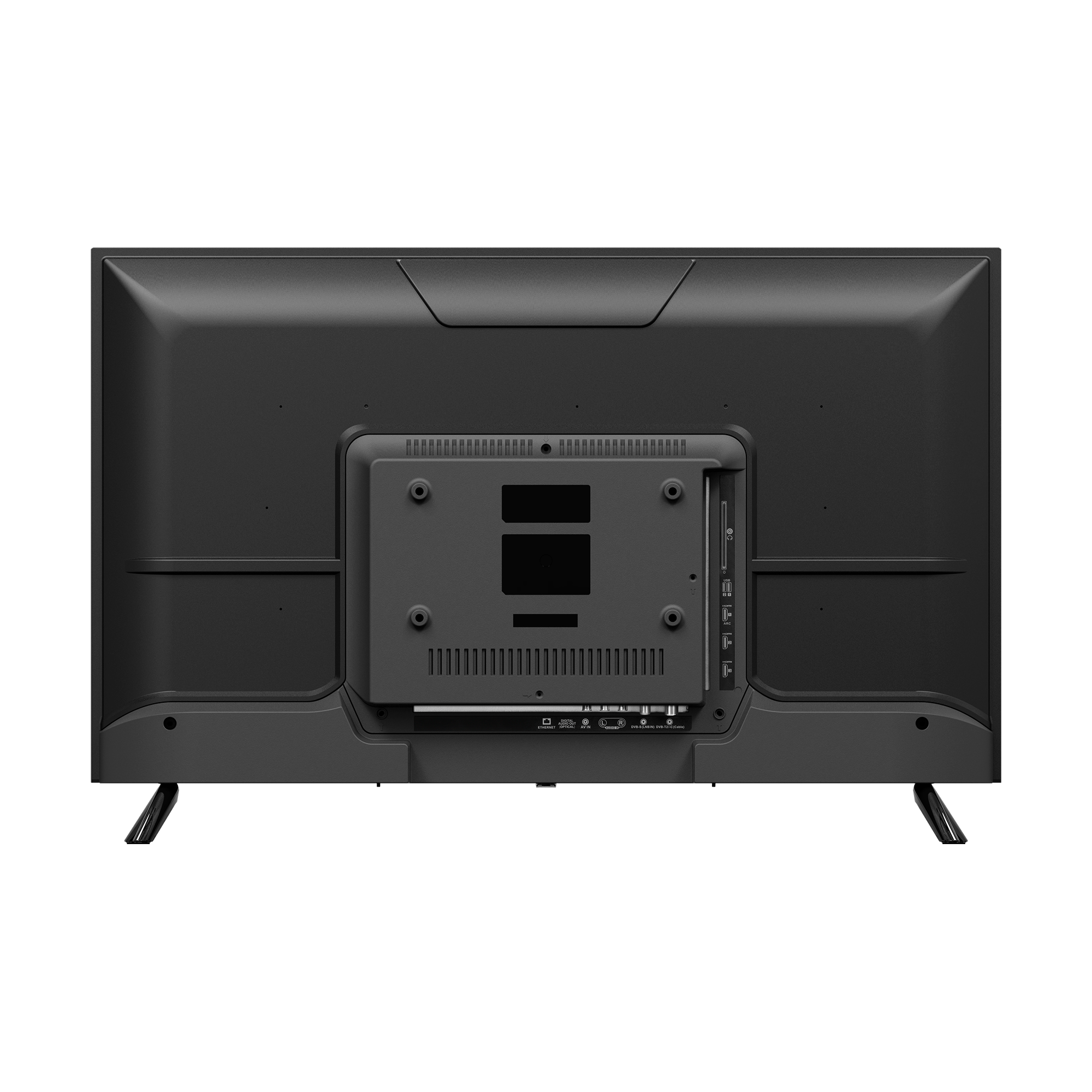Widok z tyłu czarnego telewizora. Ma centralny obszar montażu, wiele portów i dwie srebrne nogi.