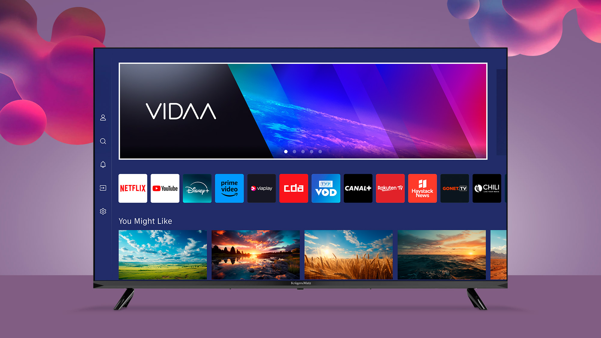 Ekran telewizora wyświetla logo VIDAA, aplikacje takie jak Netflix, YouTube i inne. Tło jest fioletowe z abstrakcyjnymi kształtami.