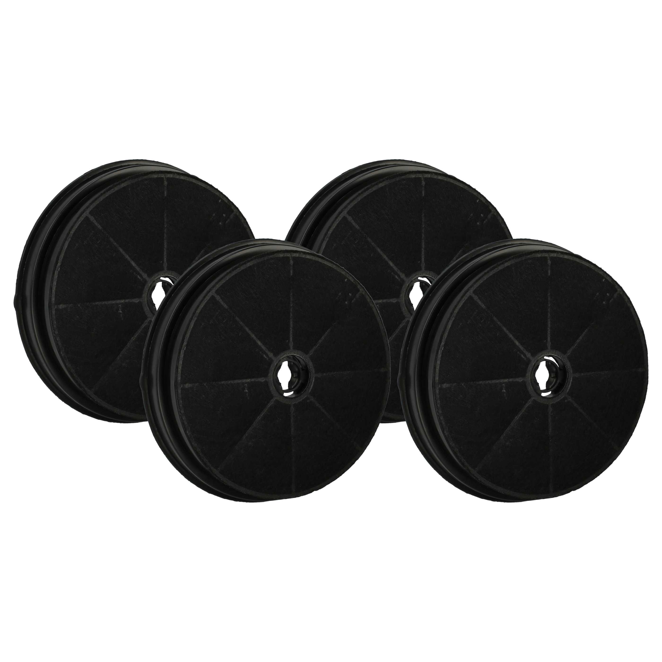 Vier schwarze, kreisförmige Luftfilter auf weißem Hintergrund. Jeder Filter hat ein zentrales Loch und ein segmentiertes Design.