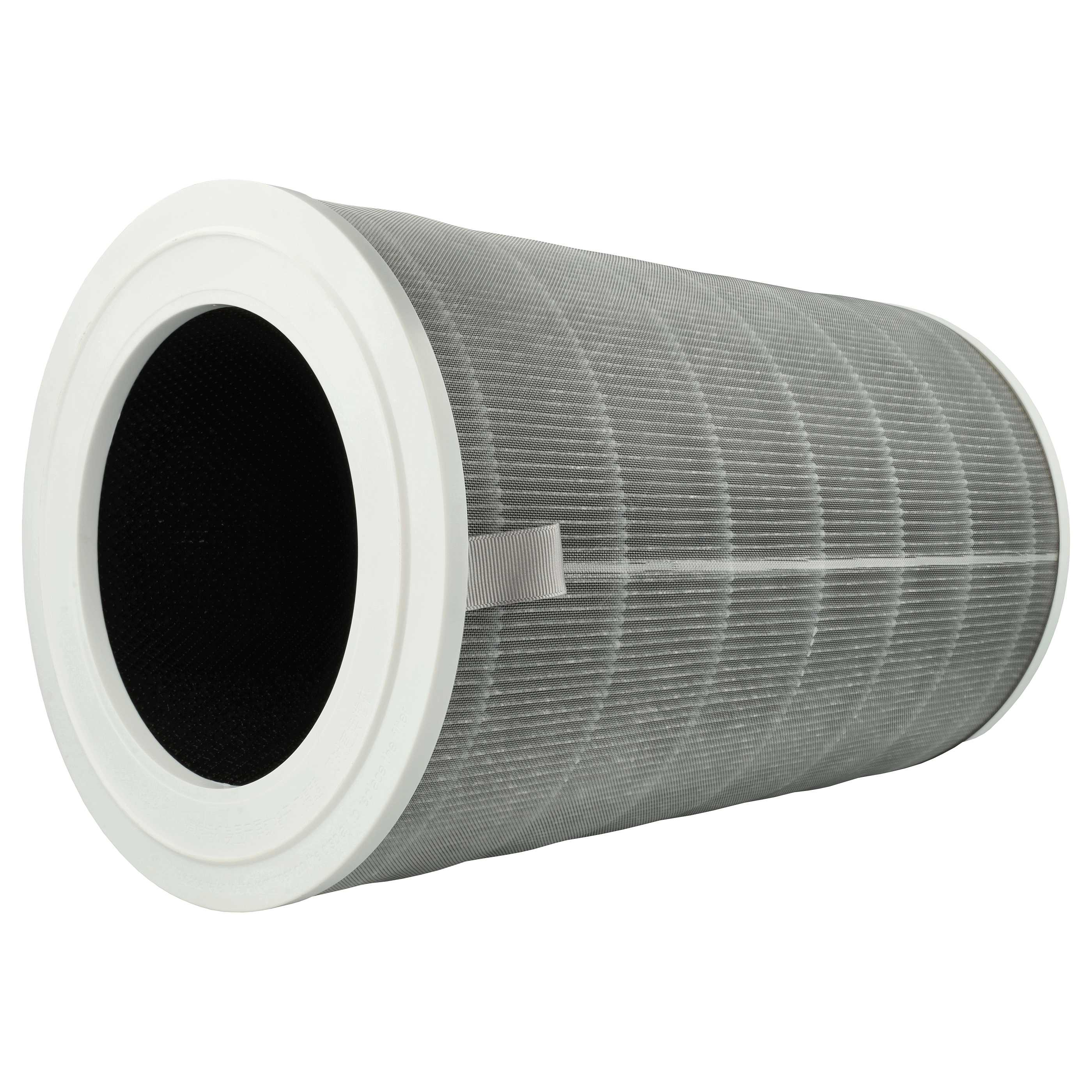 Ein Luftfilter mit weißem Rahmen und einem grauen zylindrischen Filter. Der Filter hat an einem Ende eine schwarze Öffnung.