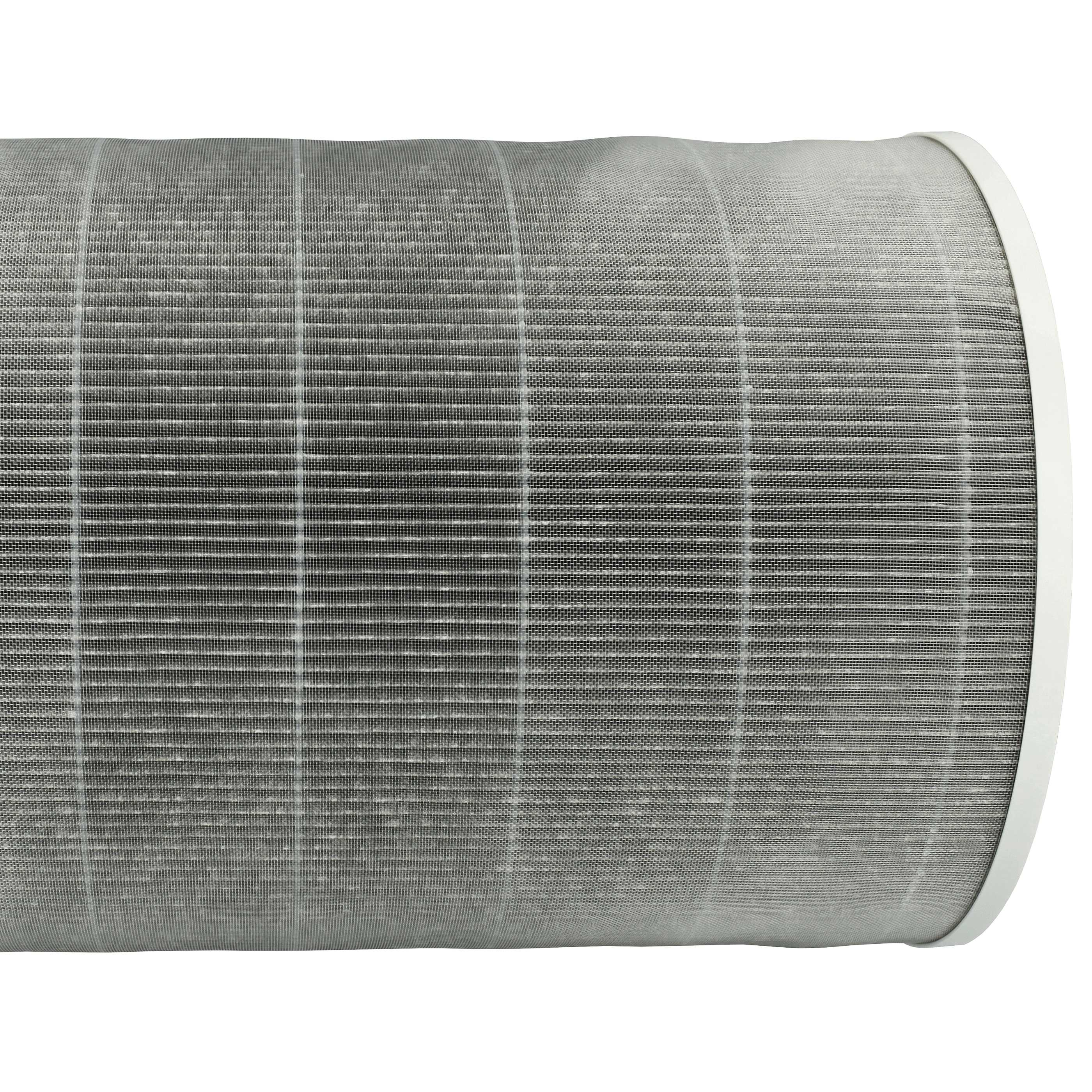 Nahaufnahme eines zylindrischen Metallgitterfilters mit weißem Rand, vor weißem Hintergrund.
