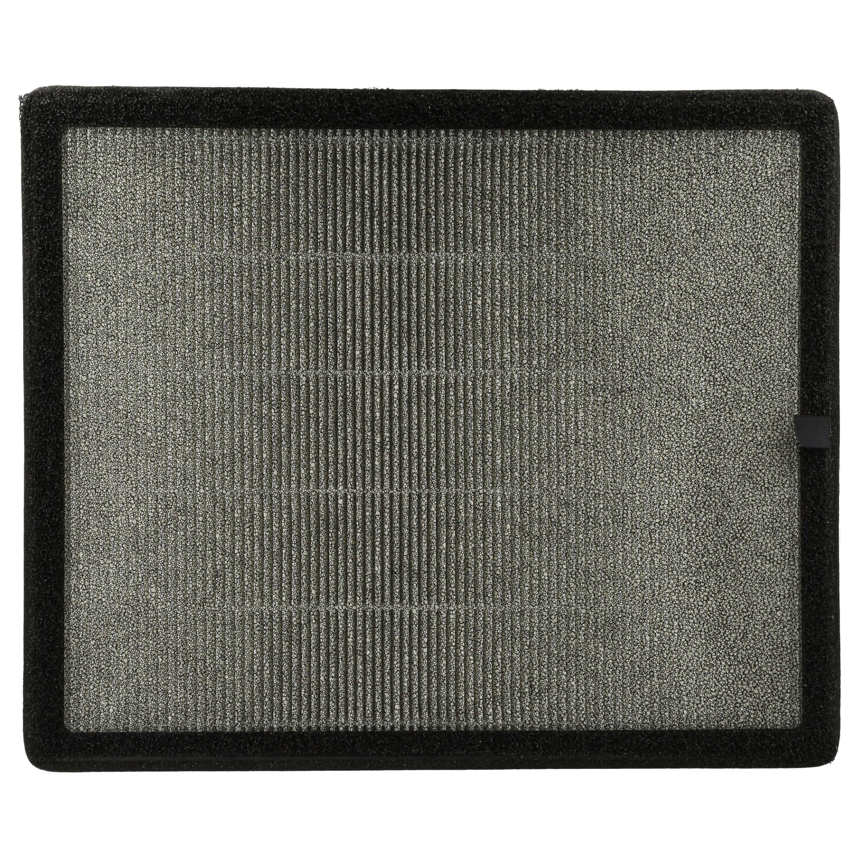 Rechteckiger Luftfilter mit schwarzem Rahmen. Der Filter hat eine gitterartige Textur mit vertikalen Rippen.