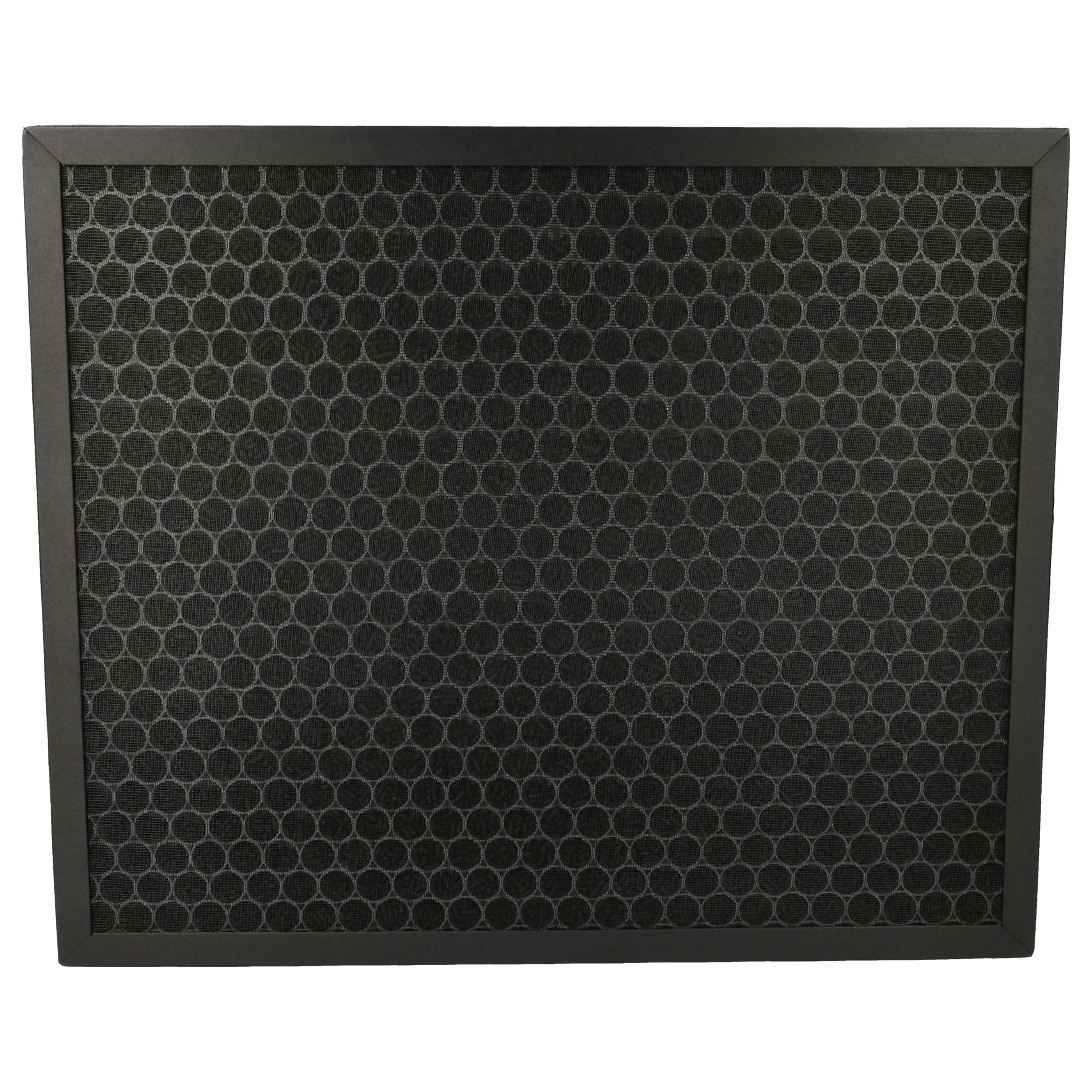 Ein rechteckiger schwarzer Luftfilter. Der Filter hat ein netzartiges Muster aus kleinen, dunklen Kreisen in einem schwarzen Rahmen.