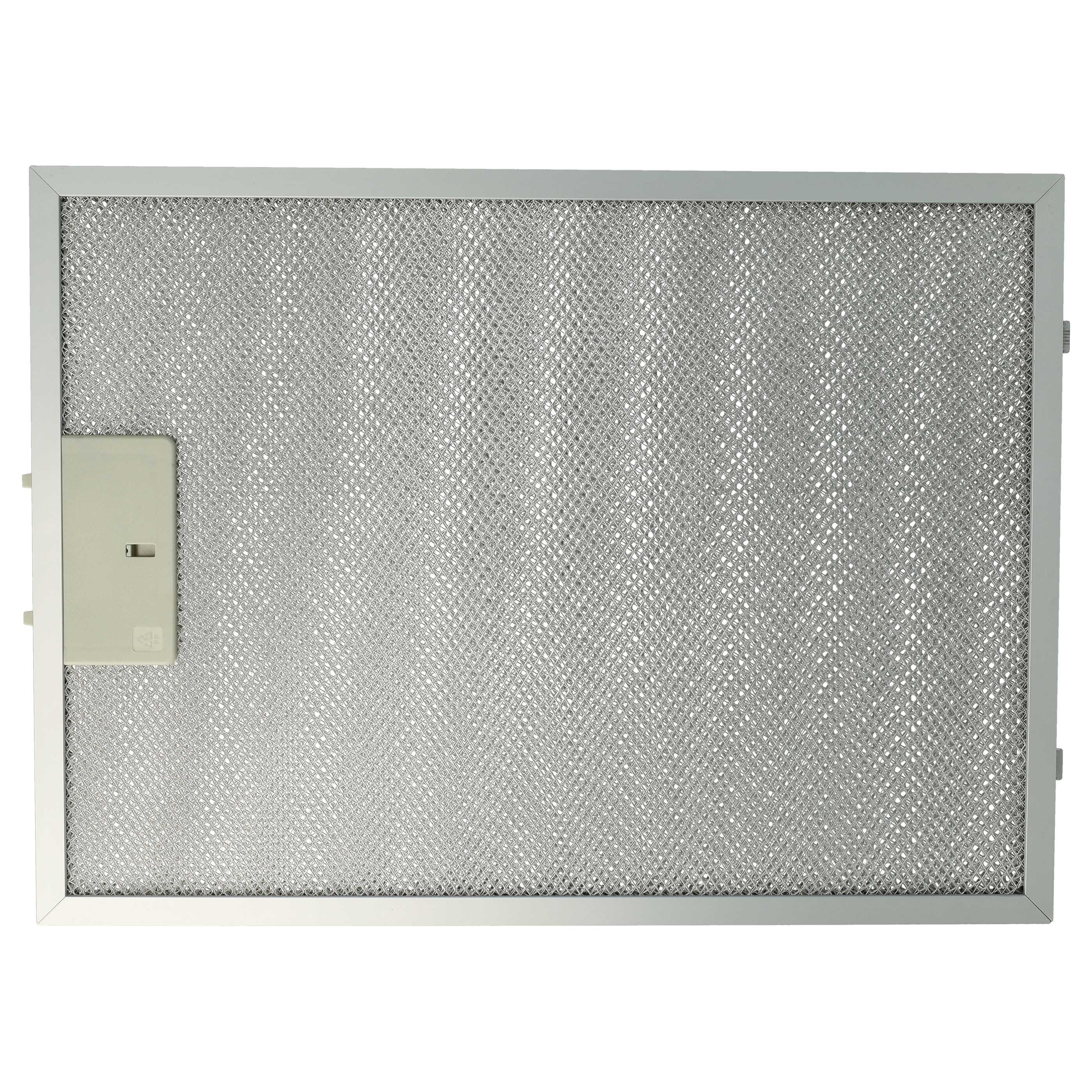 Ein rechteckiger Metallgitterfilter für eine Dunstabzugshaube, mit hellem Rahmen und kleinem Kunststoffteil.