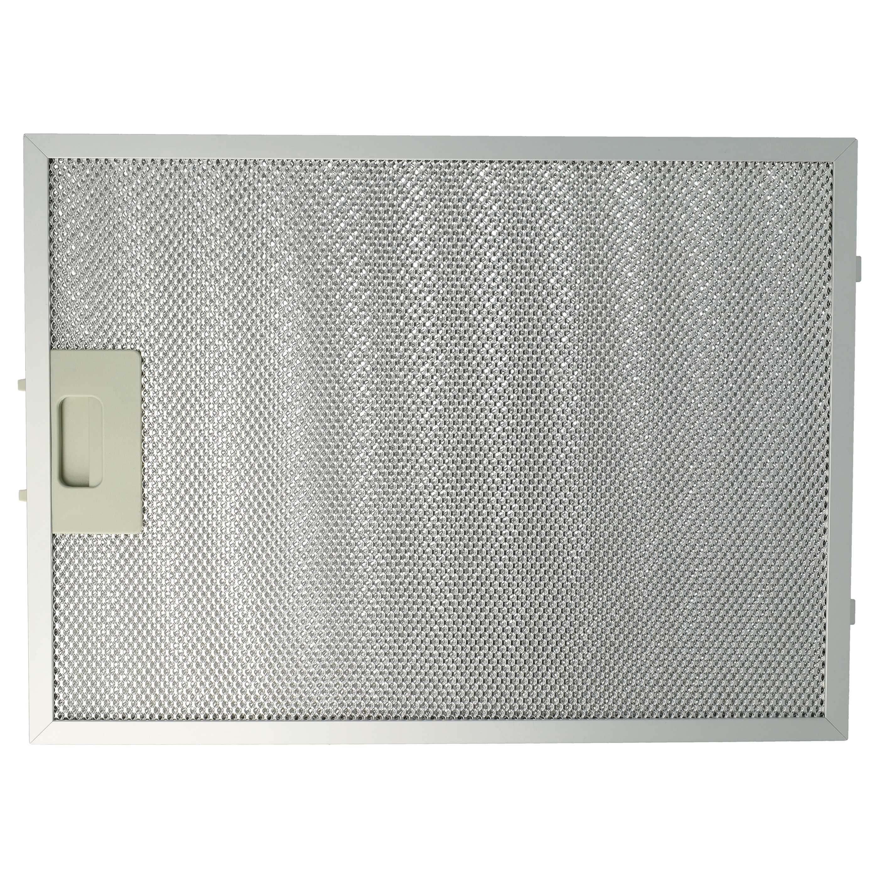 Ein rechteckiger Metallfilter mit Griff links. Der Filter besteht aus Maschenmaterial, das von einem weißen Rahmen gehalten wird.