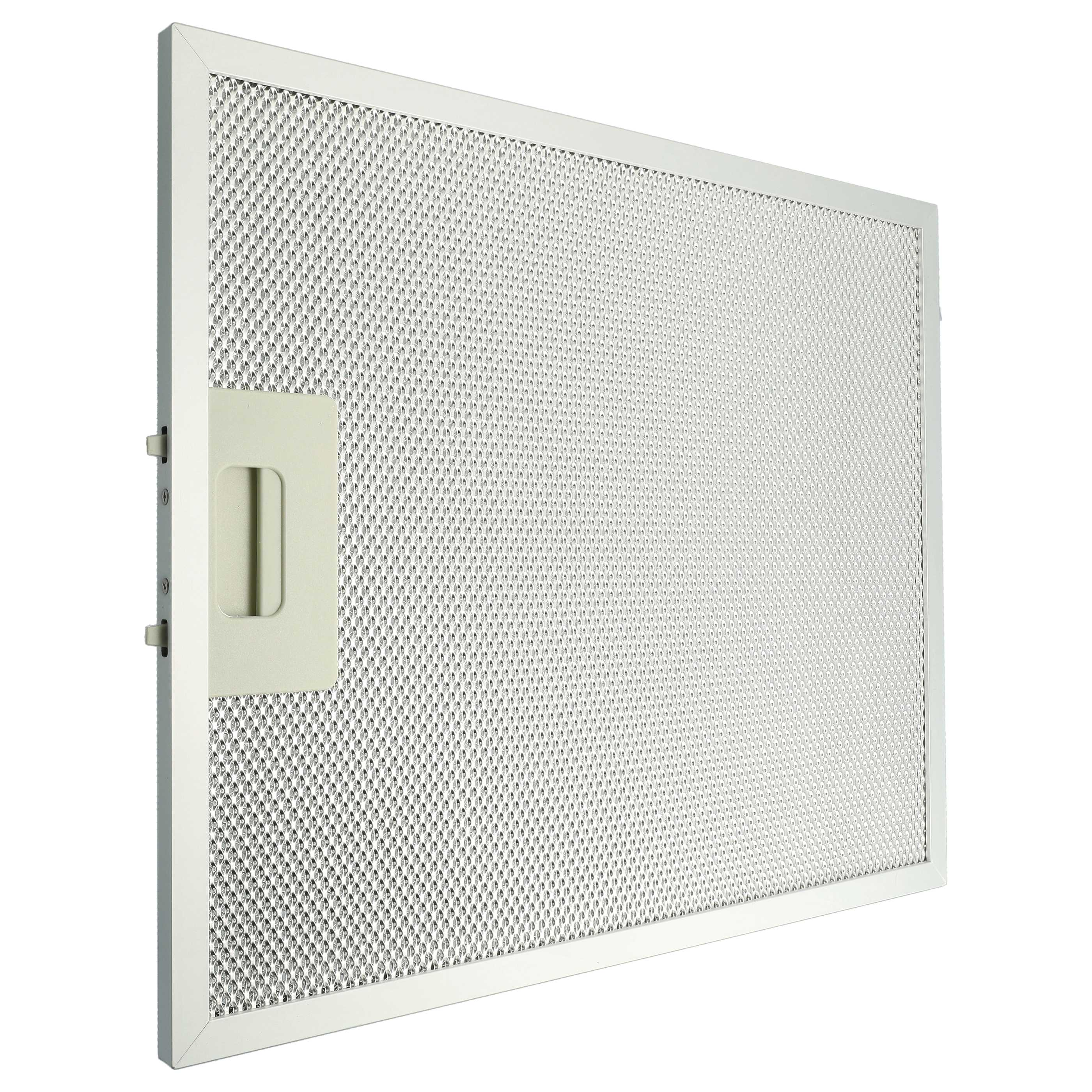 Ein rechteckiger weißer Filter. Er hat ein perforiertes Metallgitter und einen Griff an der Seite. Der Hintergrund ist weiß.