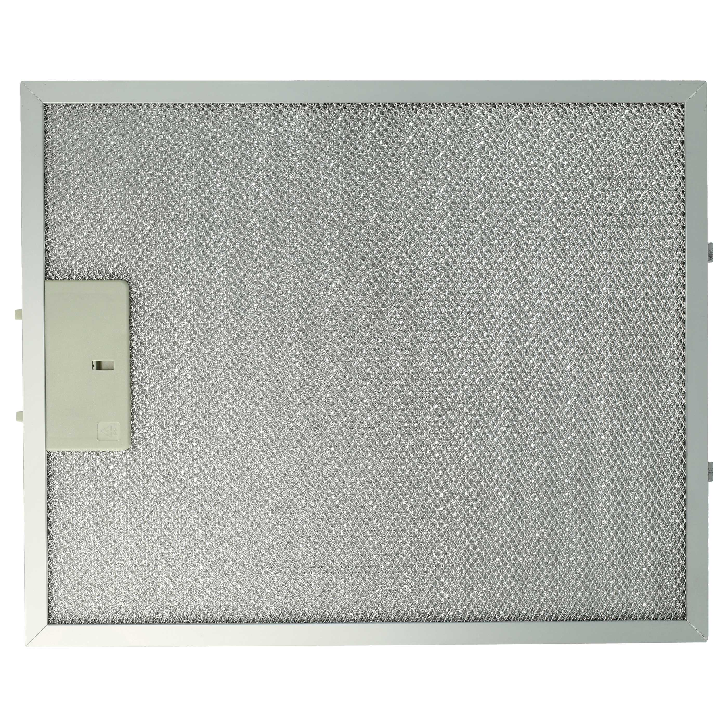 Ein rechteckiger Dunstabzugsfilter mit Metallgitter in einem silbernen Rahmen und einem beigen Schalter links.