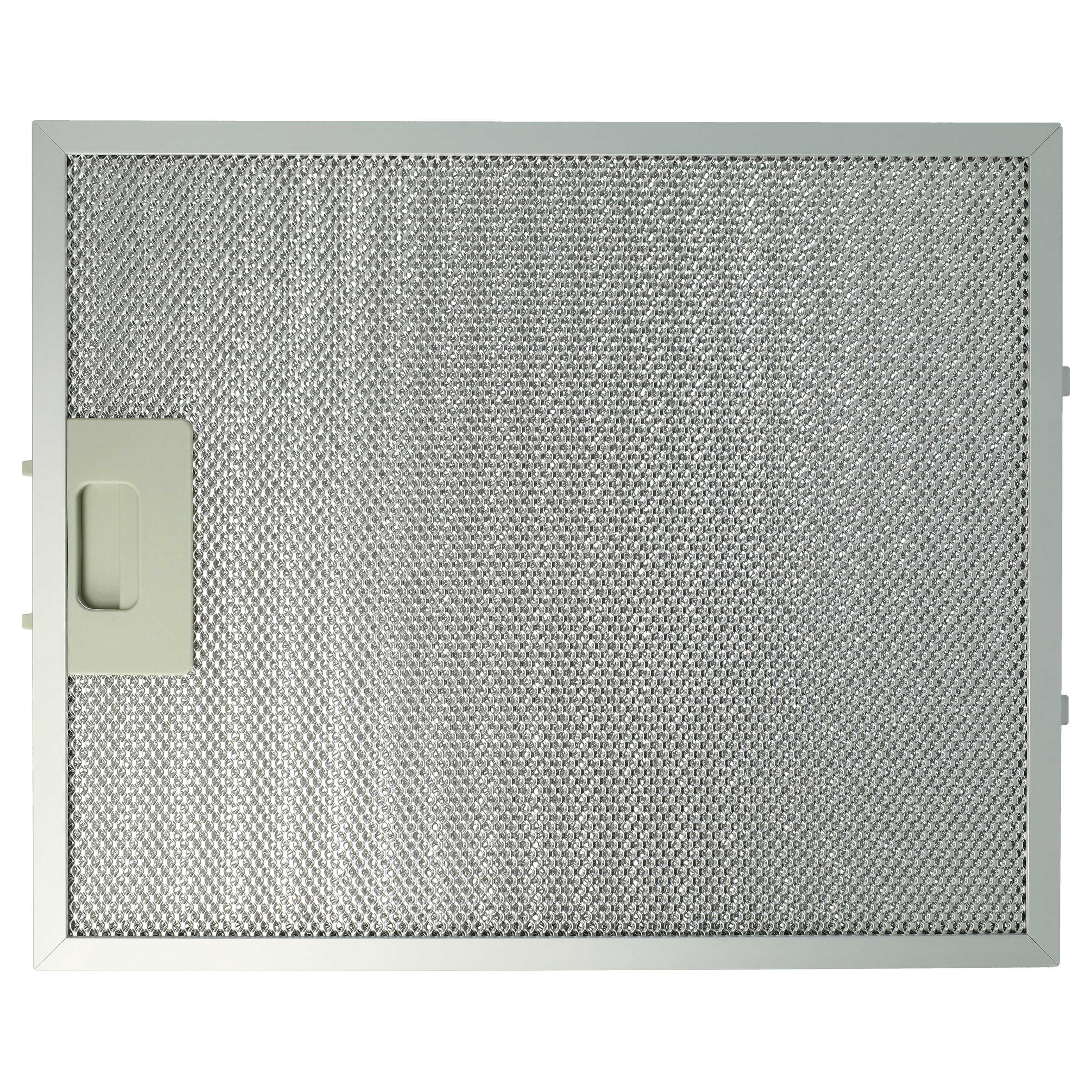 Ein rechteckiger Metallfilter für die Dunstabzugshaube mit Maschenmuster und einem hellen Griff auf der linken Seite.