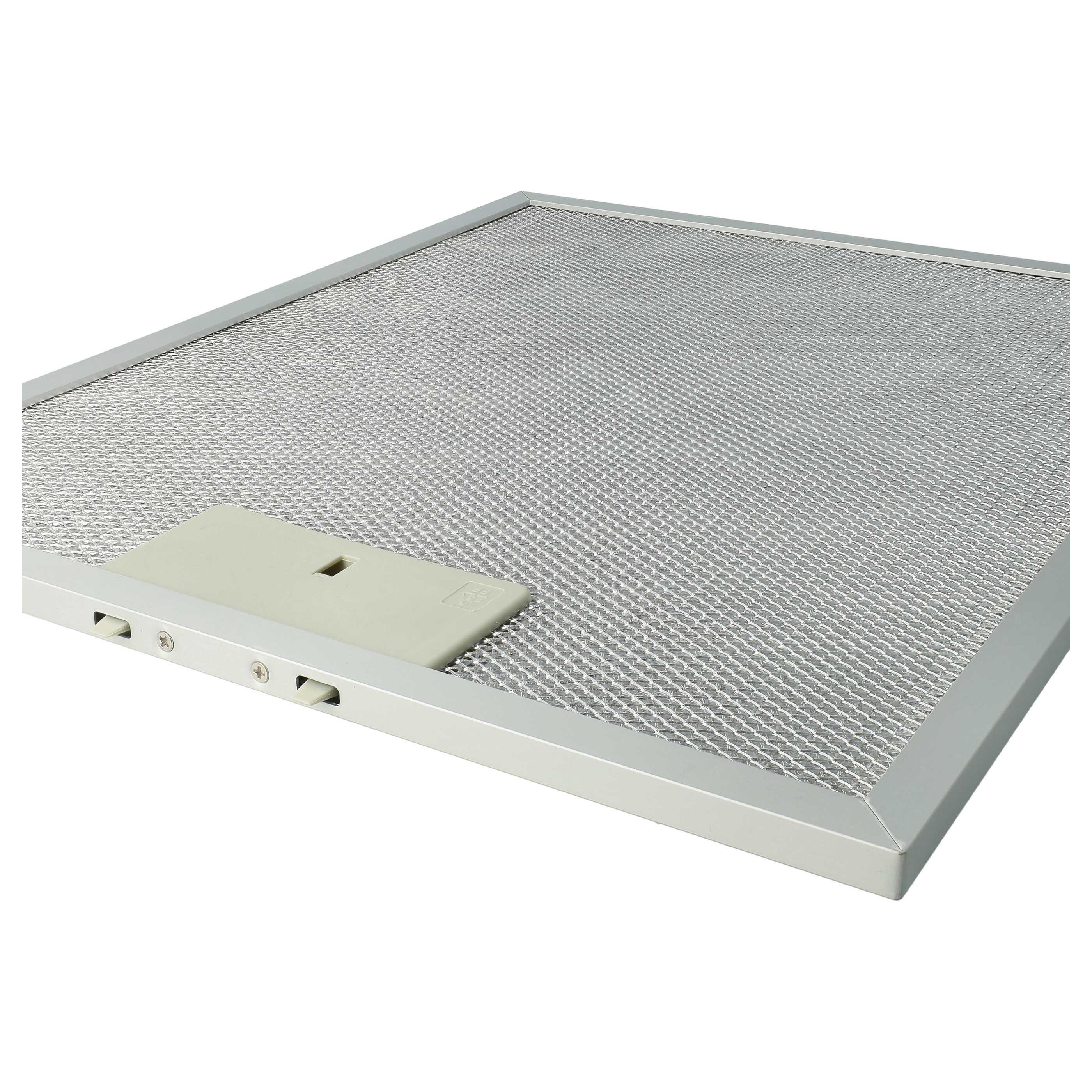 Ein Metallfilter für Küchenlüfter. Er ist rechteckig mit Maschenoberfläche und einem Kunststoffteil.
