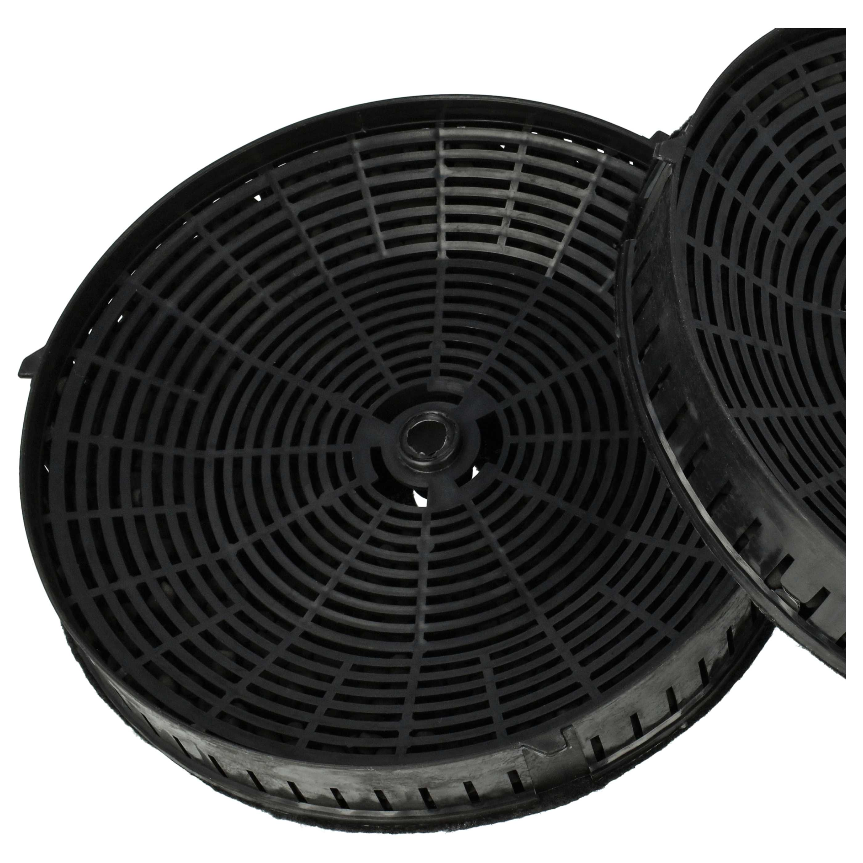 Zwei schwarze, kreisförmige Aktivkohlefilter. Jeder Filter hat eine zentrale Nabe mit radialen, gebogenen Linien und rechteckigen Lüftungsschlitzen.
