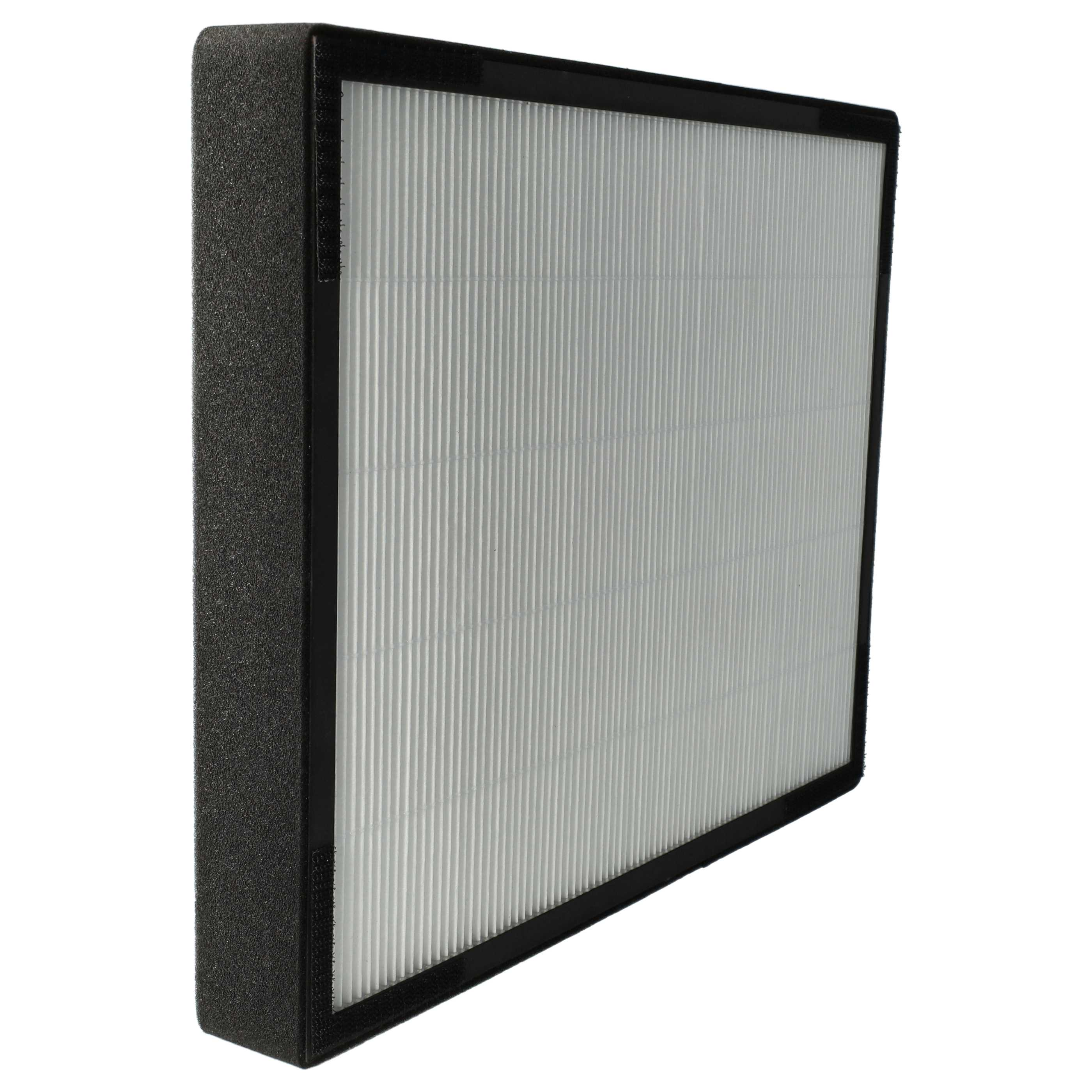 Ein Luftfilter mit schwarzem Rahmen und dunkelgrauem Schaumstoff an der Seite. Der Filter hat weißes Faltmaterial.