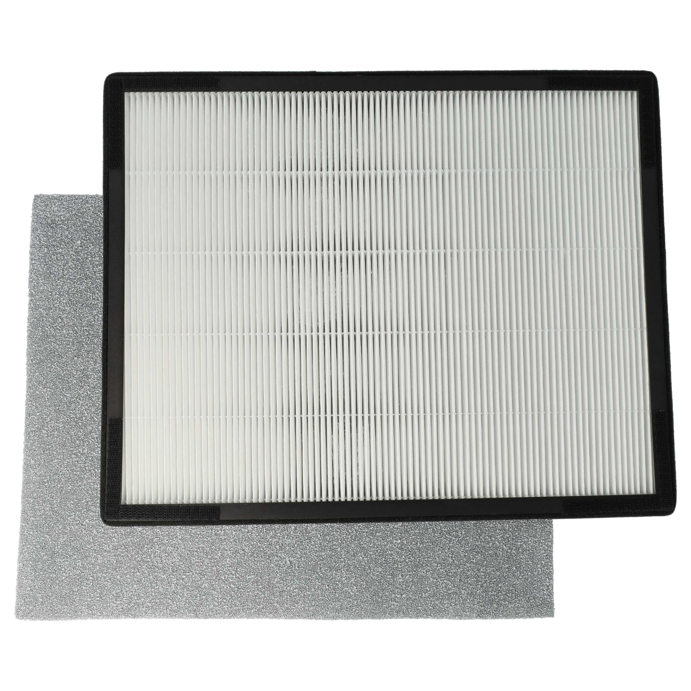 Ein rechteckiger Luftfilter mit weißem, plissiertem Filtermedium in einem schwarzen Rahmen, auf einem grauen Schaumpad.