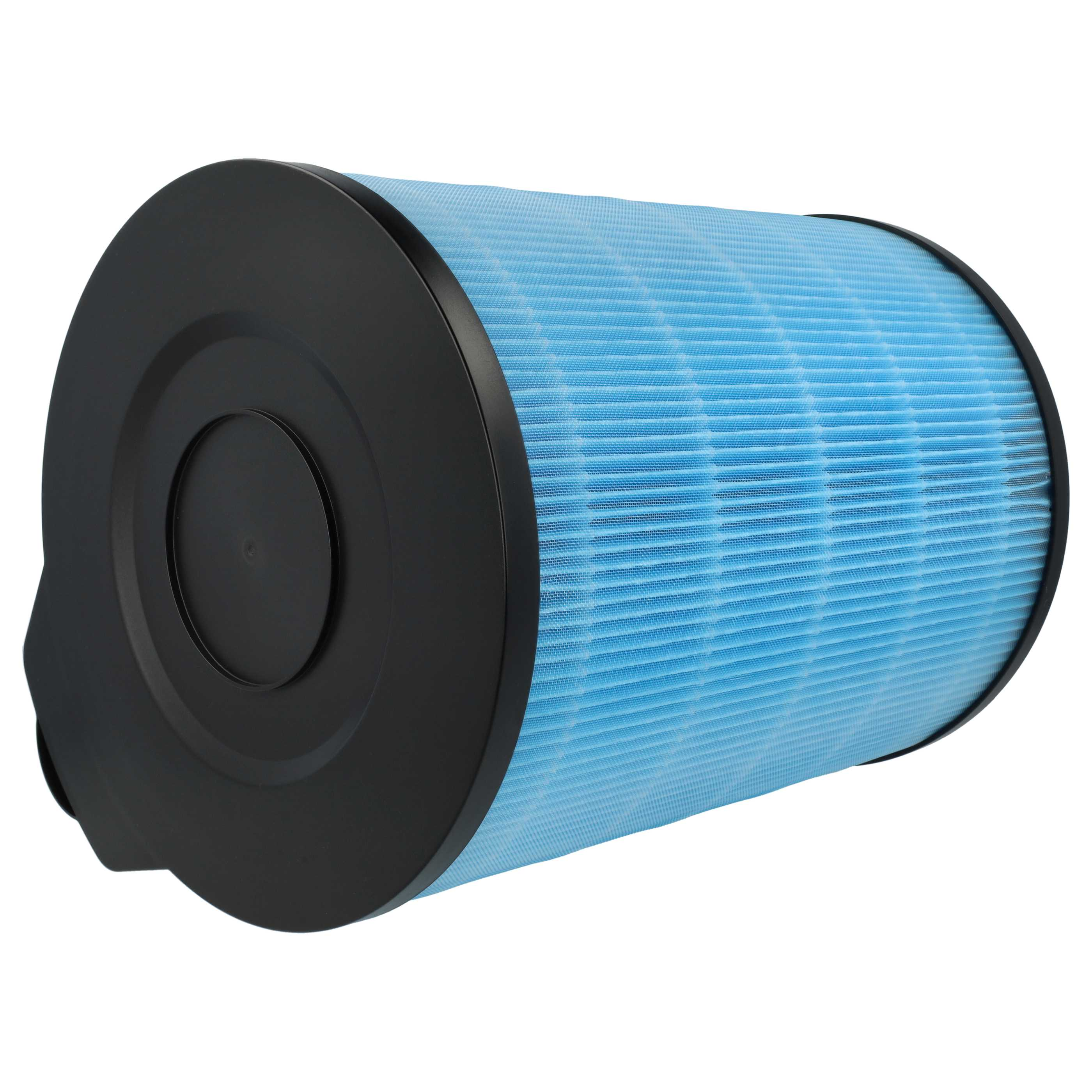 Ein zylindrischer Luftfilter mit blauem, plissiertem Filtermedium und schwarzen Endkappen, vor weißem Hintergrund.