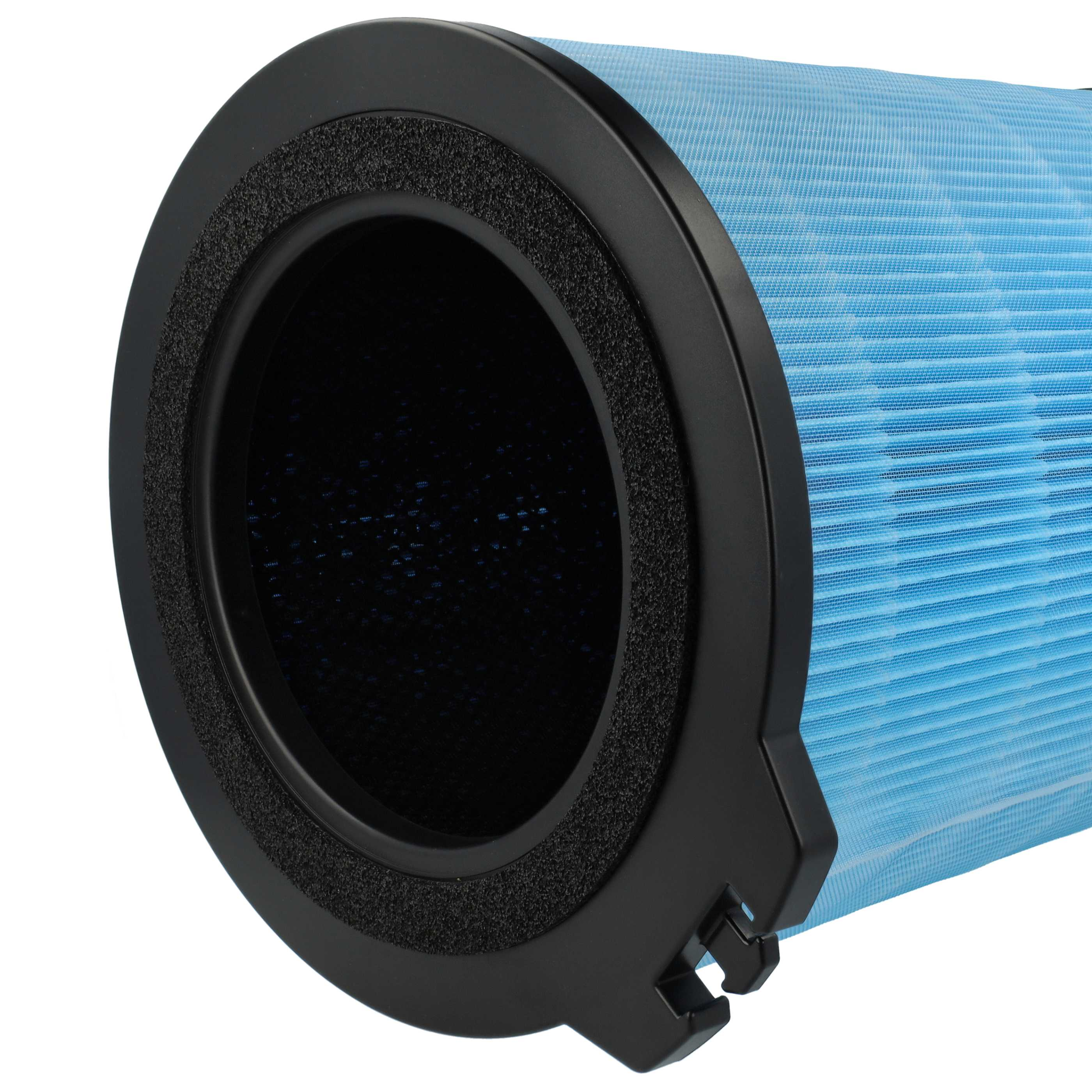 Zylindrischer Luftfilter mit schwarzem Rahmen und blauem Filtermaterial, vor weißem Hintergrund.