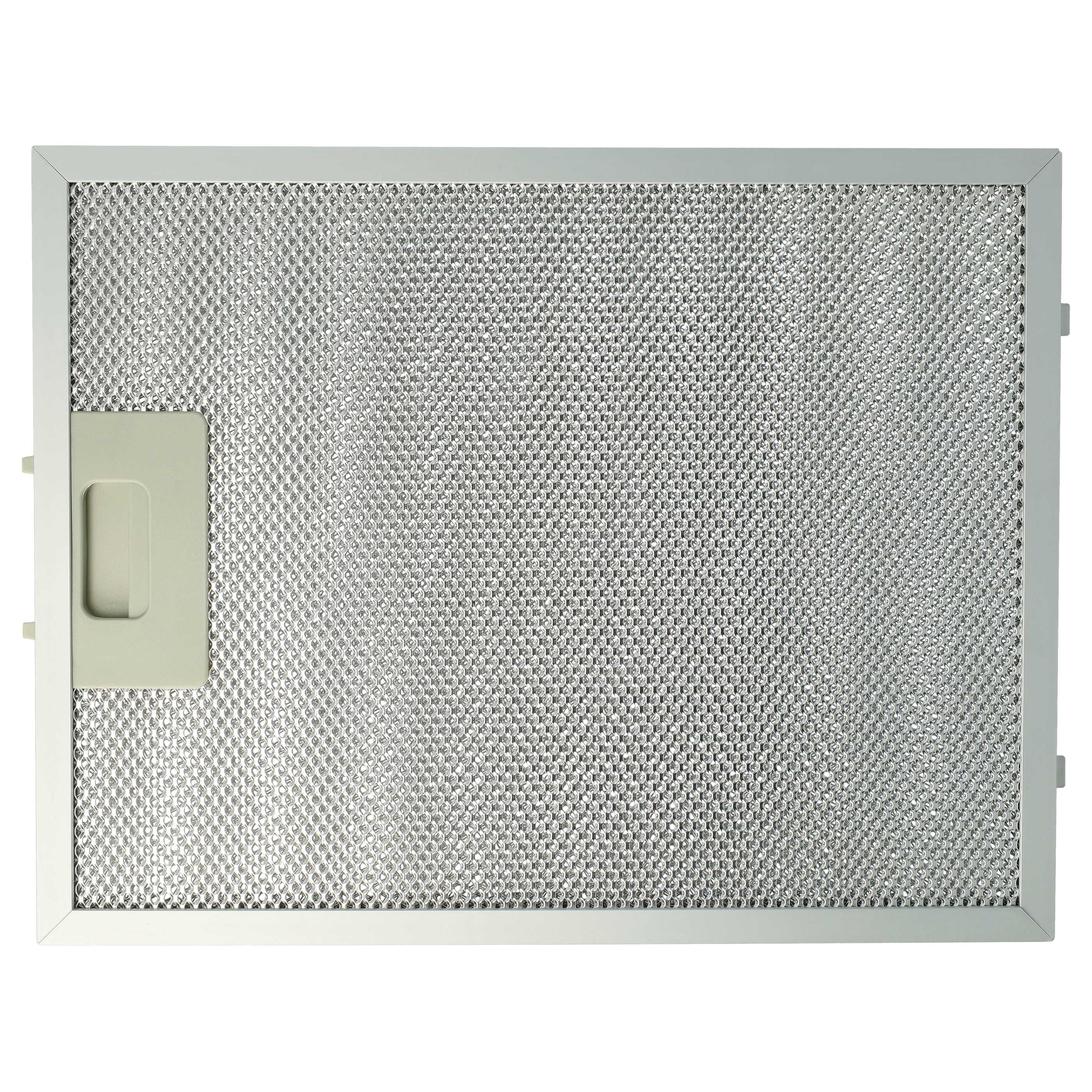 Ein rechteckiger Metallfilter mit Wabenmuster. Es hat einen Griff auf der linken Seite und einen weißen Rahmen.