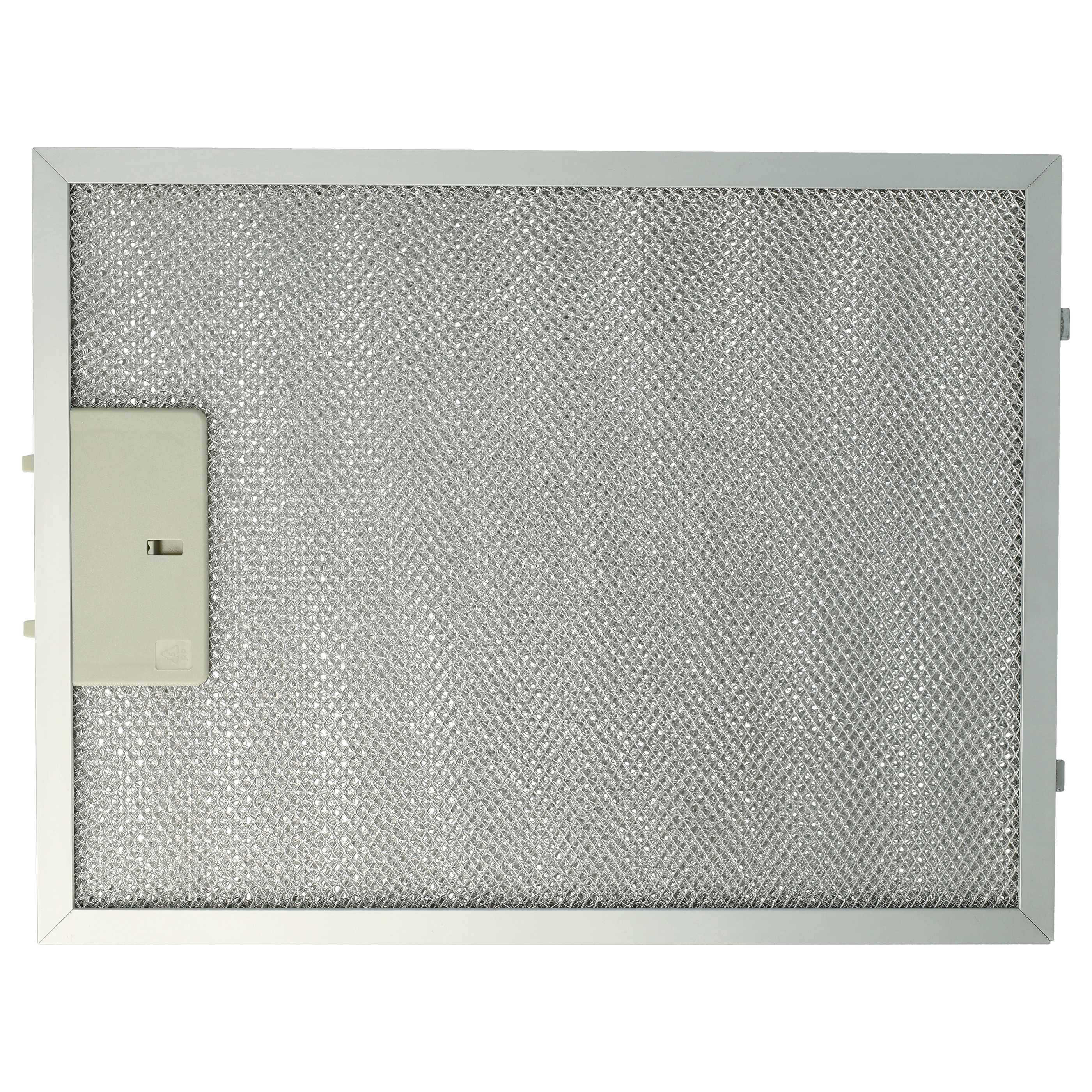 Ein rechteckiger Metall-Dunstabzugsfilter. Er hat ein silbernes Netz und ein helles Kunststoffteil auf der linken Seite.