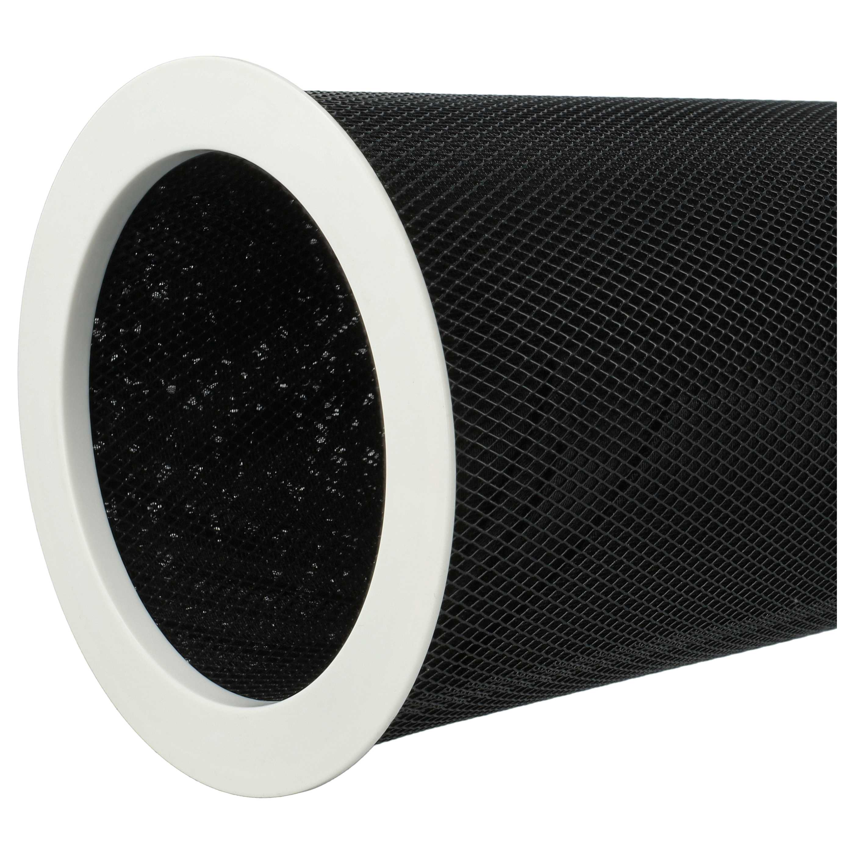 Ein zylindrischer Luftfilter mit weißem Ring und schwarzem Netz. Der Filter befindet sich auf weißem Hintergrund.