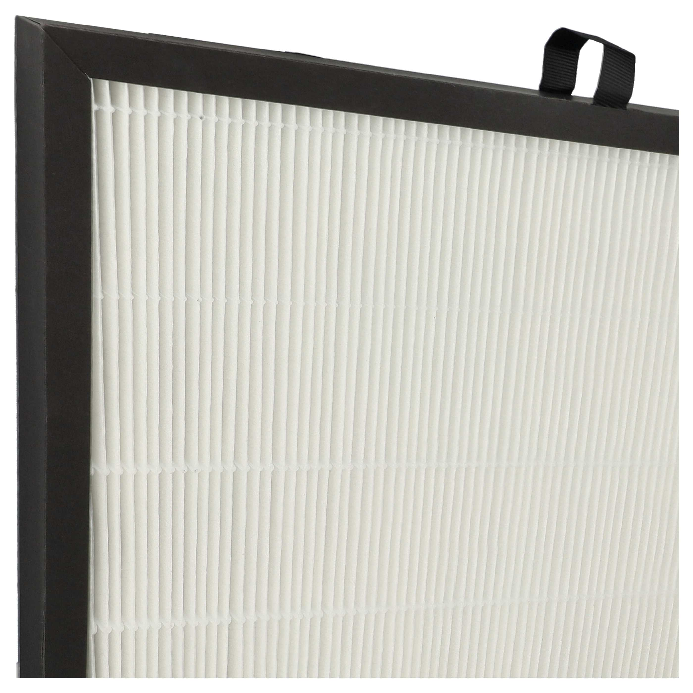 Luftfilter mit weißem, plissiertem Filtermedium und schwarzem Rahmen, mit schwarzem Griff.
