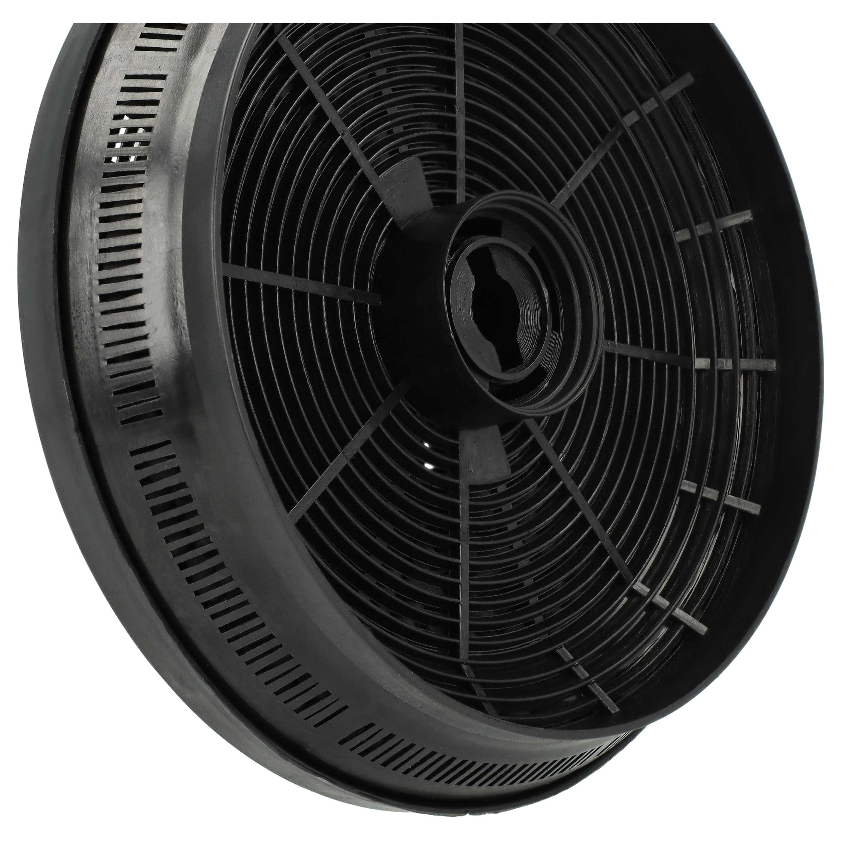 Nahaufnahme eines schwarzen, kreisförmigen Luftfilters. Er hat eine Reihe konzentrischer, fächerartiger Elemente.