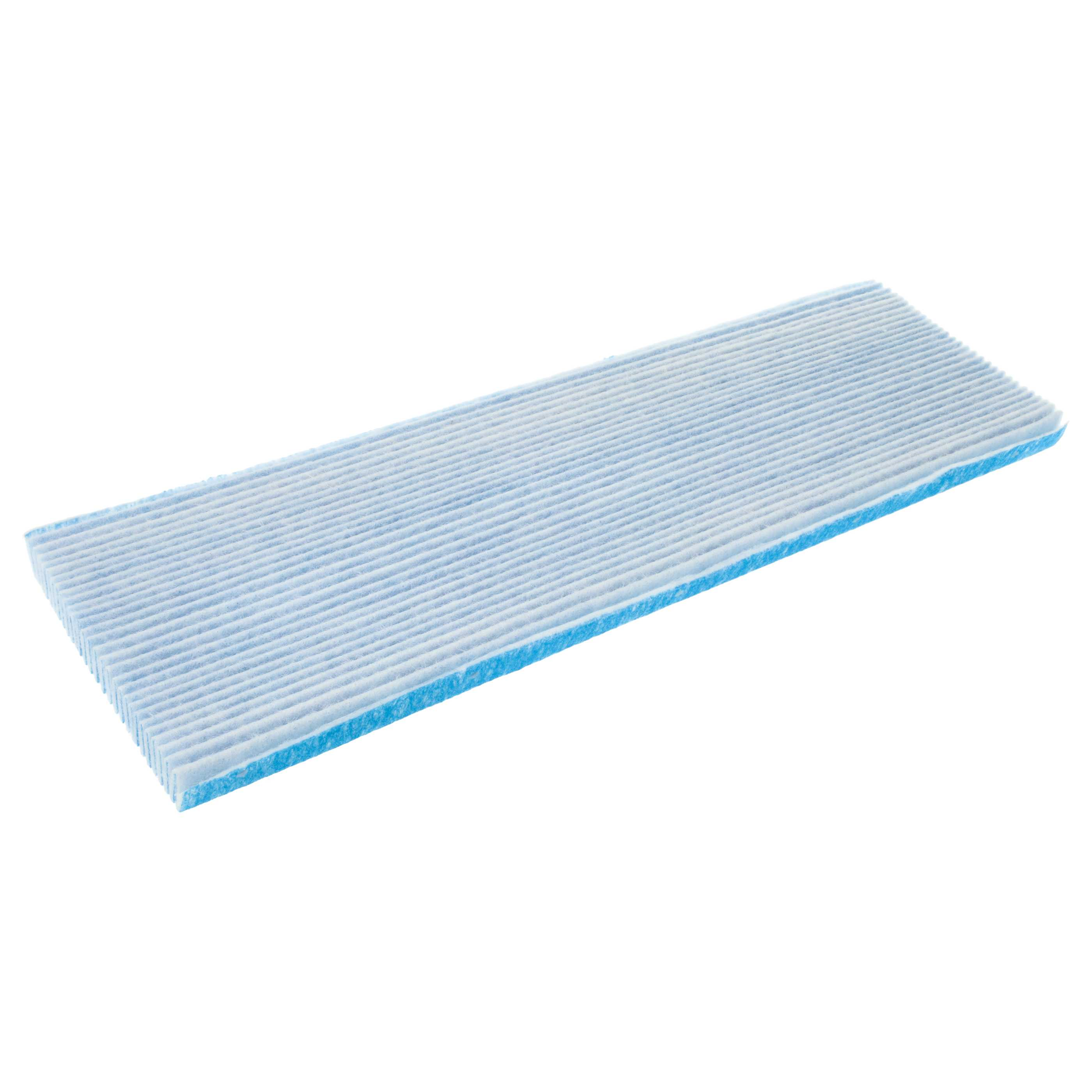 Ein rechteckiger Luftfilter. Er hat blaue Kanten und eine hellblaue, strukturierte Oberfläche mit horizontalen Linien.