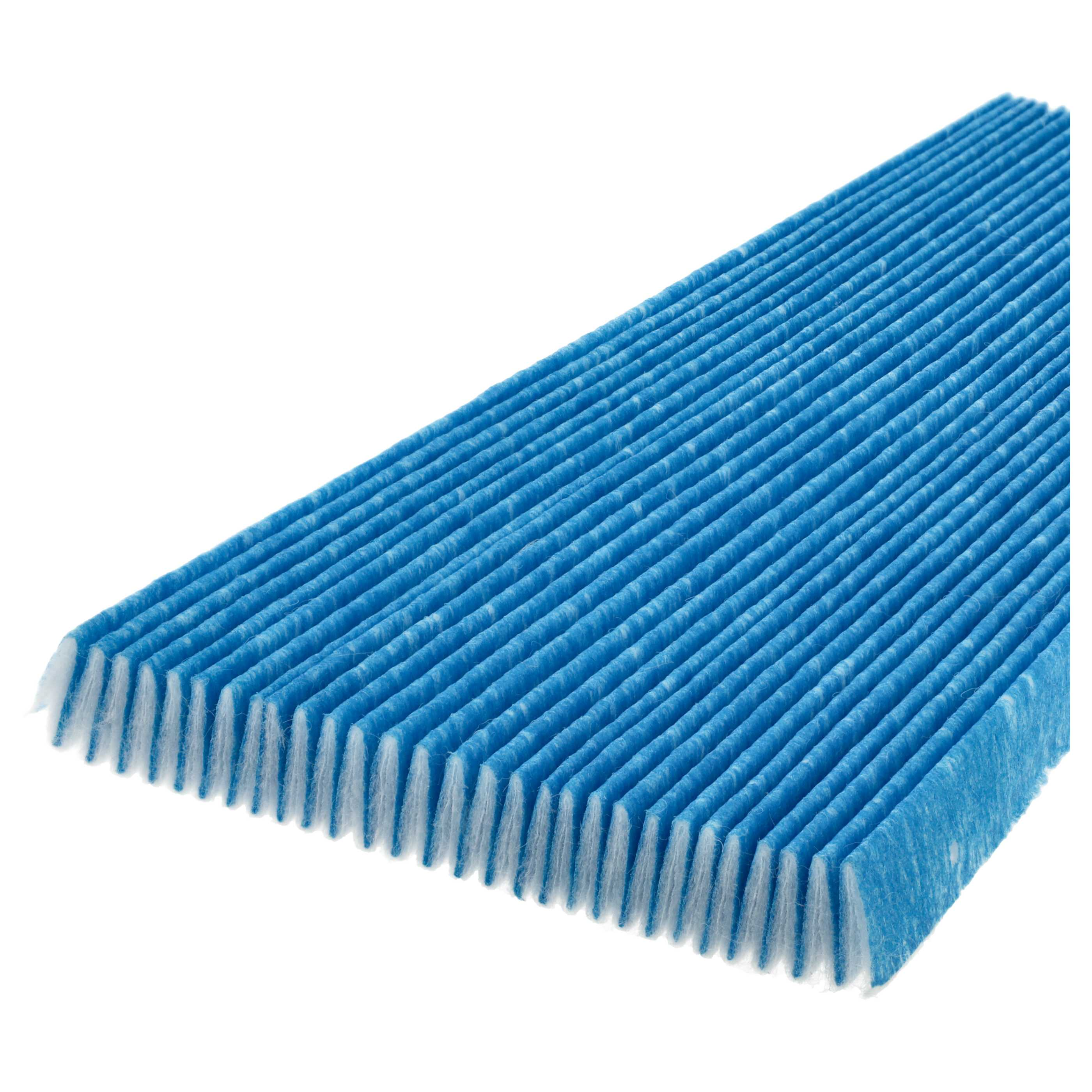 Ein rechteckiger Luftfilter, blau mit weißen Kanten, vor weißem Hintergrund. Er hat viele Falten.
