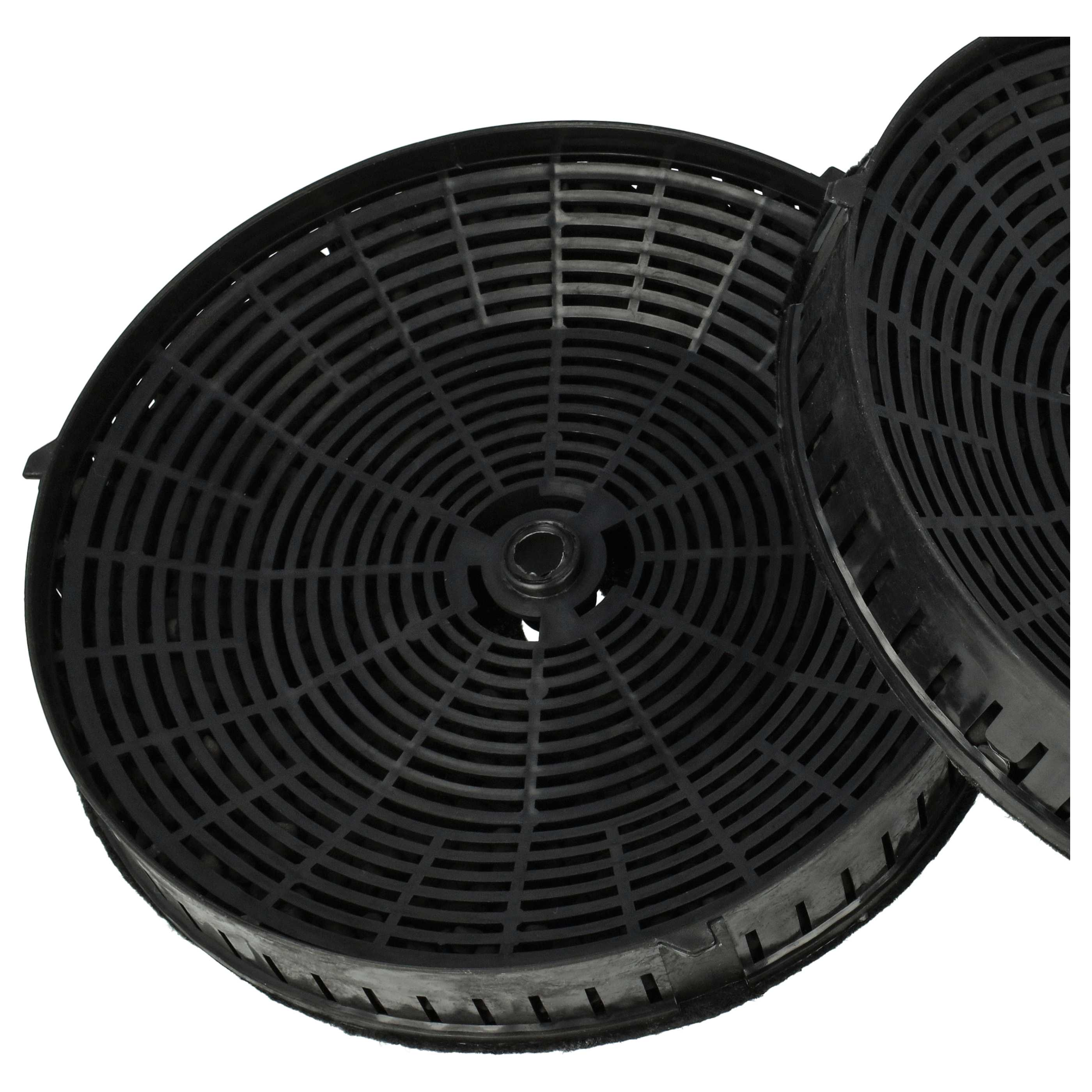 Zwei schwarze, kreisförmige Aktivkohlefilter. Die Filter haben ein Gitterdesign. Weißer Hintergrund.