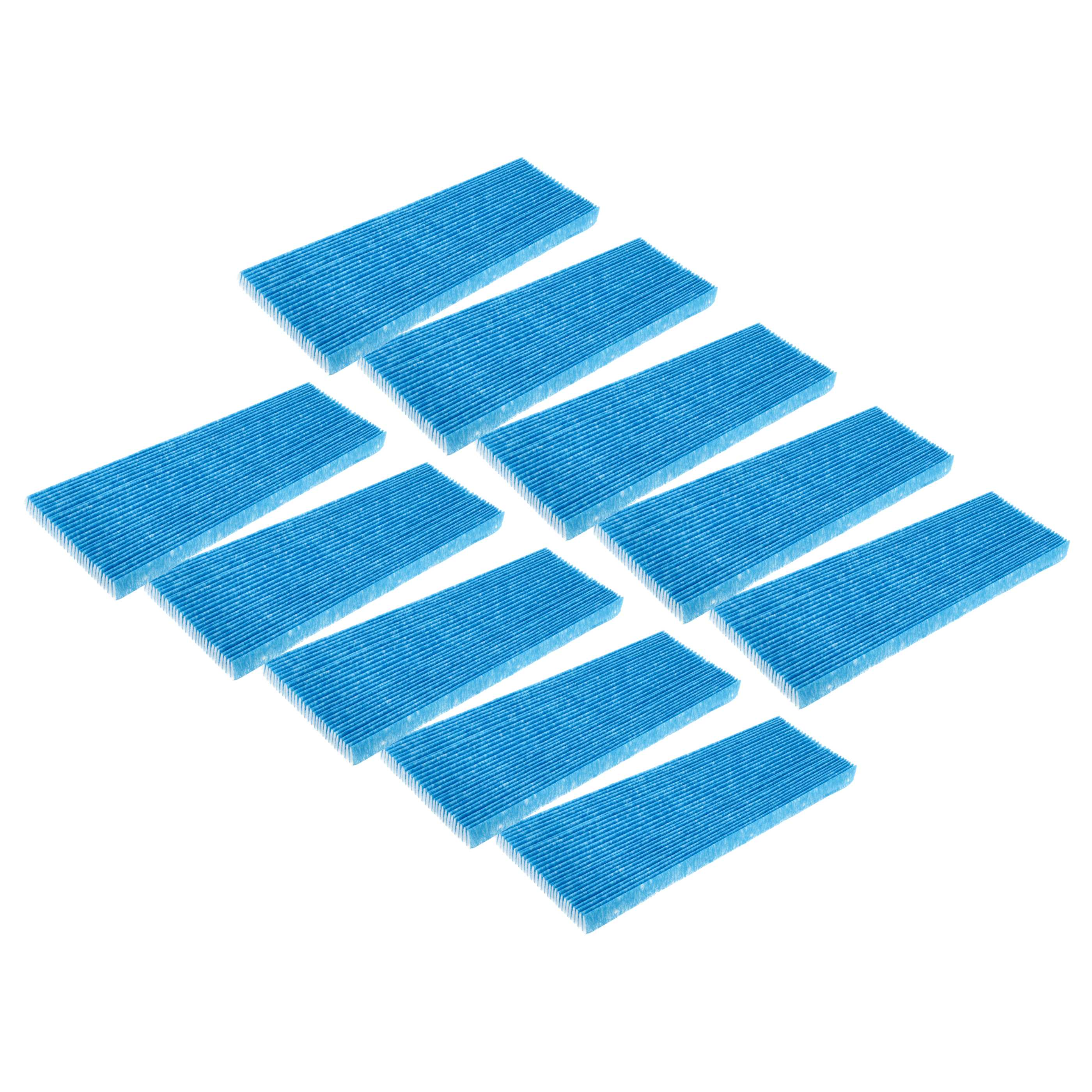 Anordnung von zehn blauen rechteckigen Luftfiltern auf weißem Hintergrund. Die Filter sind diagonal angeordnet.