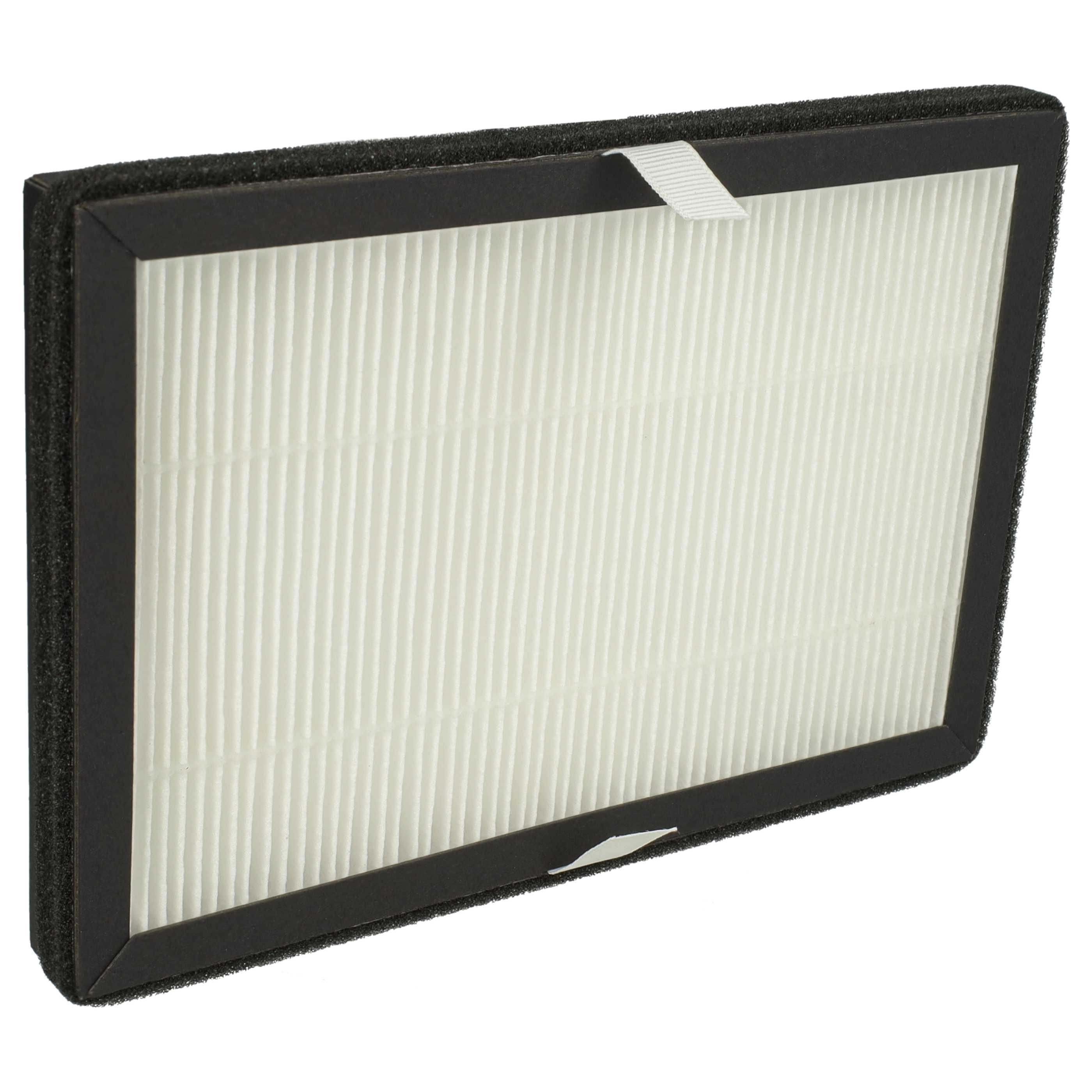 Luftfilter mit weißem, plissiertem Filtermedium in einem schwarzen Rahmen mit dunklem Schaumstoffrand. Weißer Hintergrund.