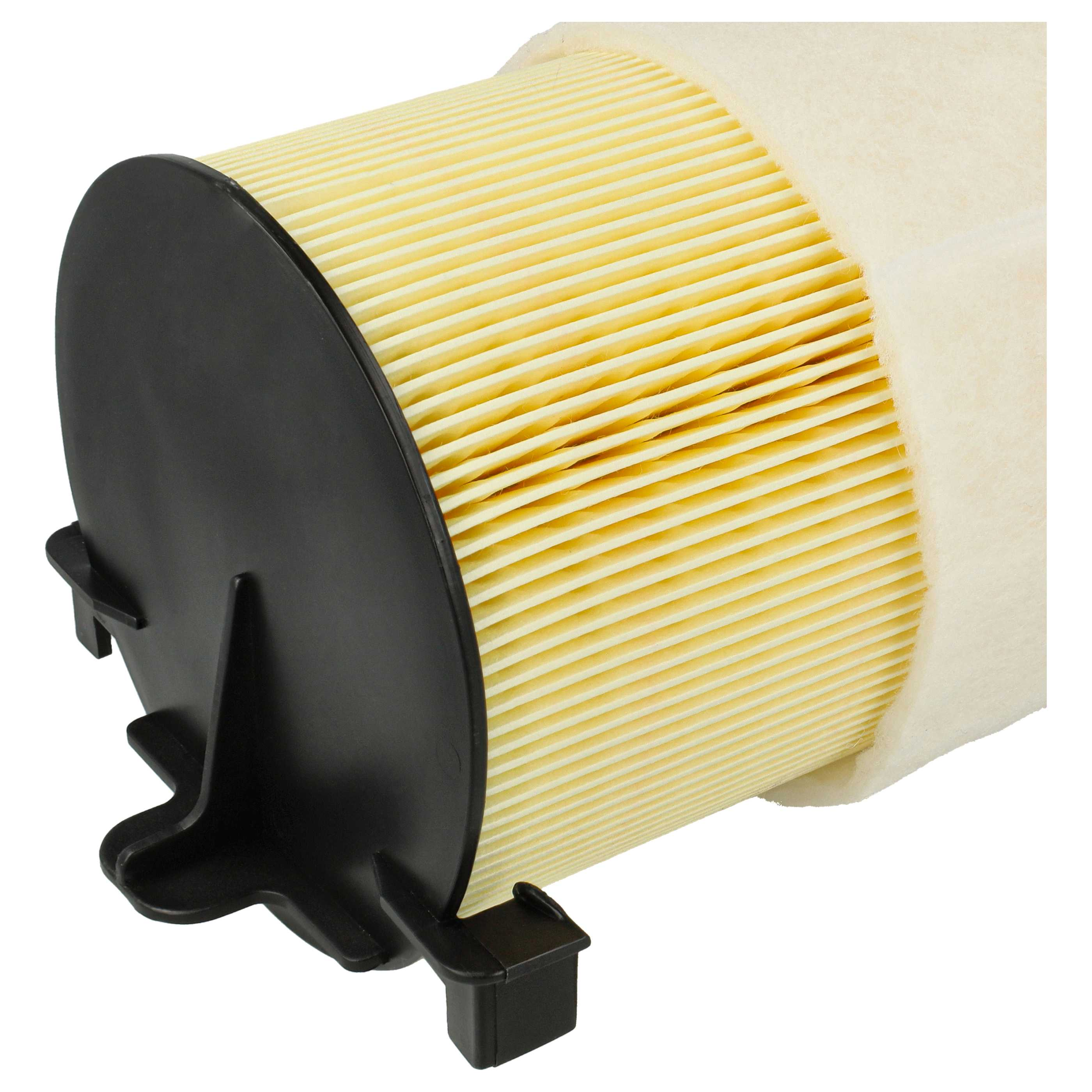 Ein zylindrischer Luftfilter für Autos. Gelbes, plissiertes Filtermedium in einem schwarzen Kunststoffrahmen, mit weißem Filter.
