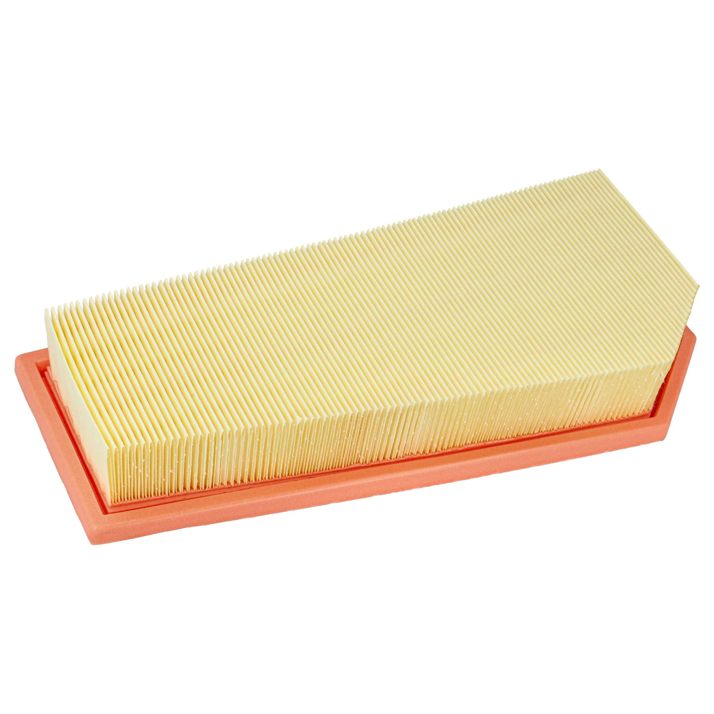 Ein rechteckiger Luftfilter mit gelbem Filter und einem orangefarbenen Rahmen, isoliert vor weißem Hintergrund.