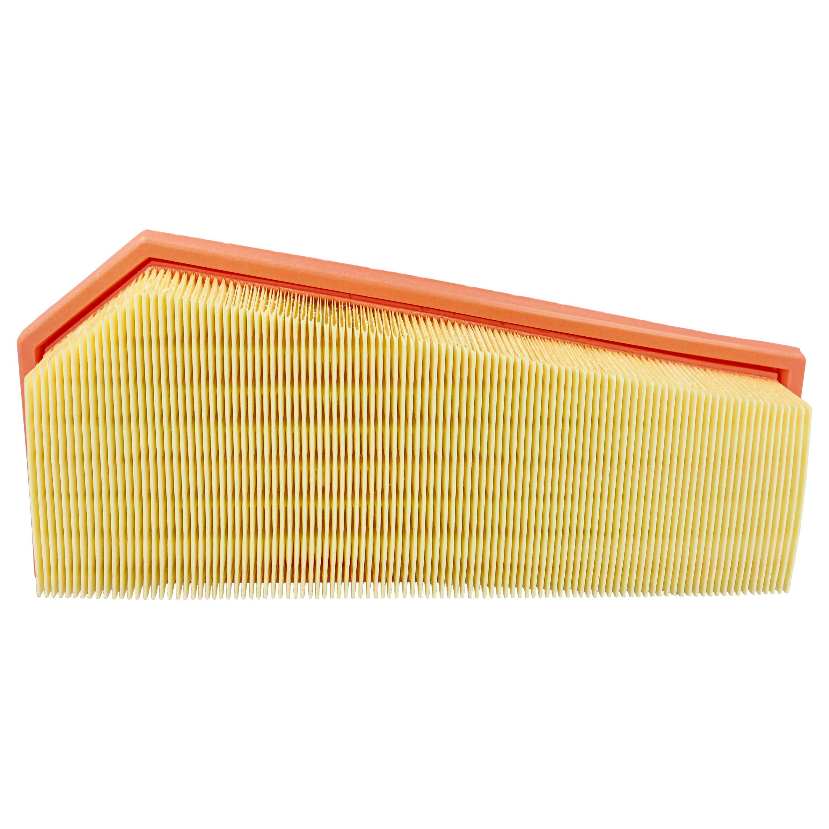 Ein Luftfilter mit gelbem, gefaltetem Papier und einem orangefarbenen Rahmen, isoliert auf Weiß.