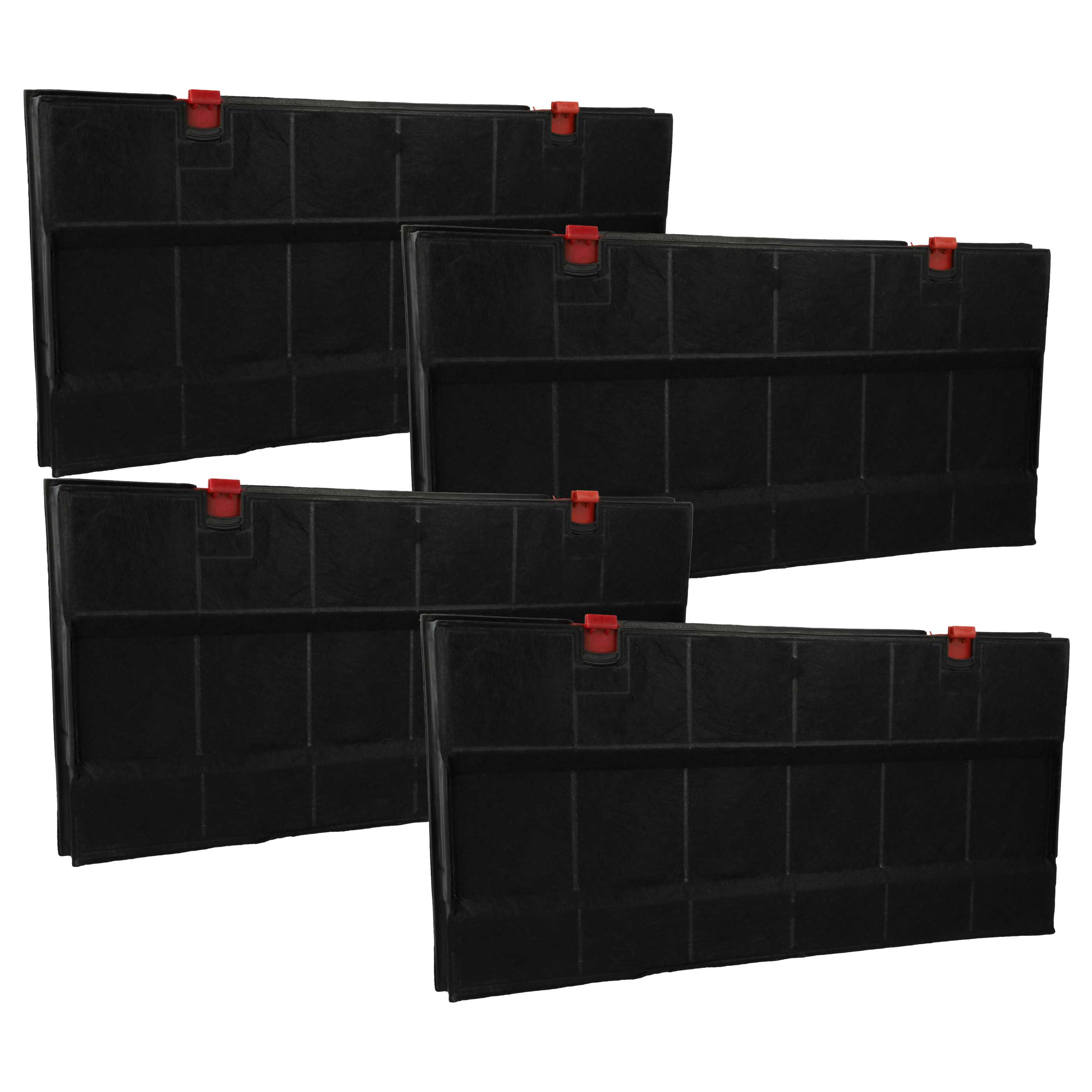 Vier schwarze rechteckige Filter mit roten Clips vor weißem Hintergrund. Die Filter sind für die Küche bestimmt.