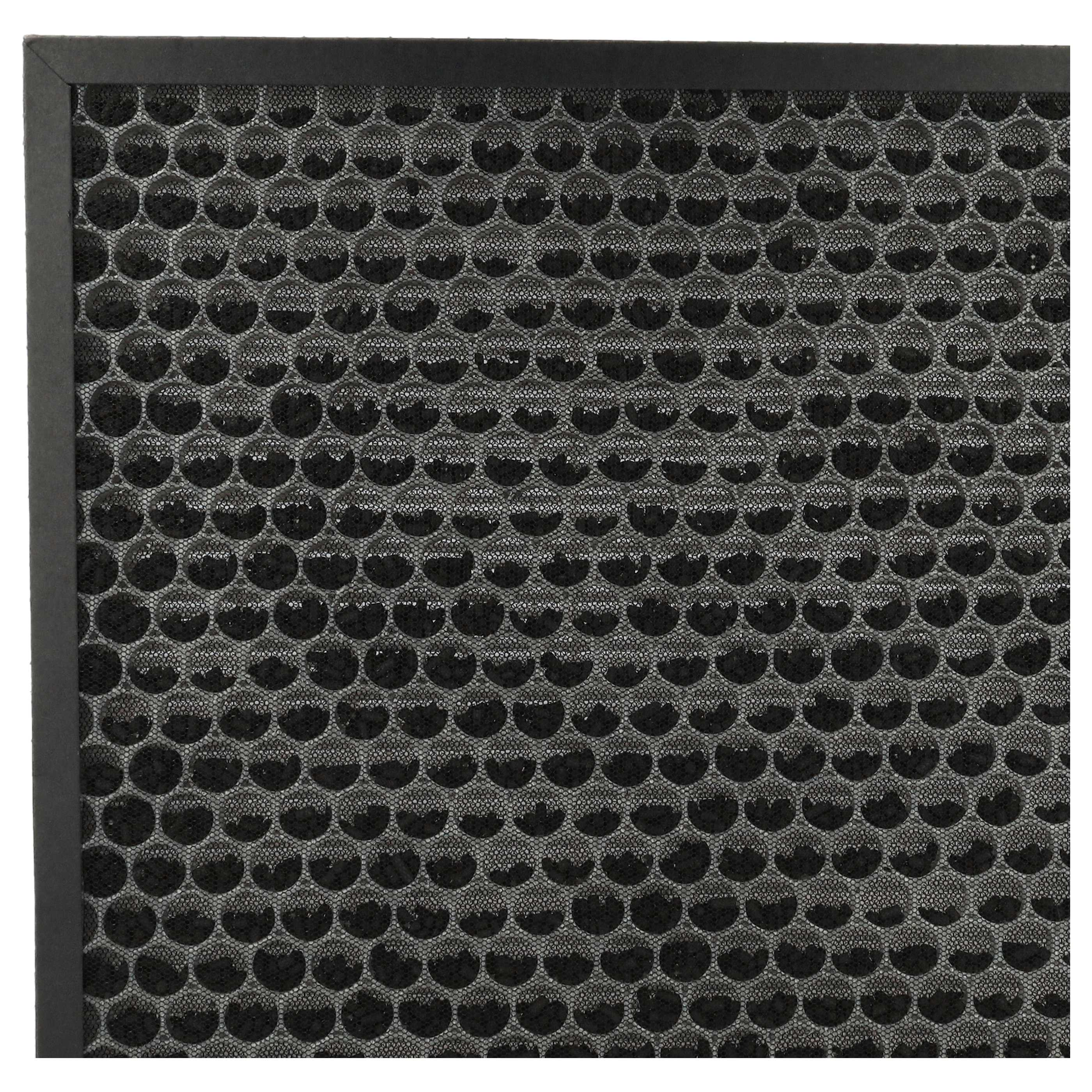 Nahaufnahme eines schwarzen Luftfilters mit Wabenmuster. Ein dunkler Rahmen umgibt den Filter.