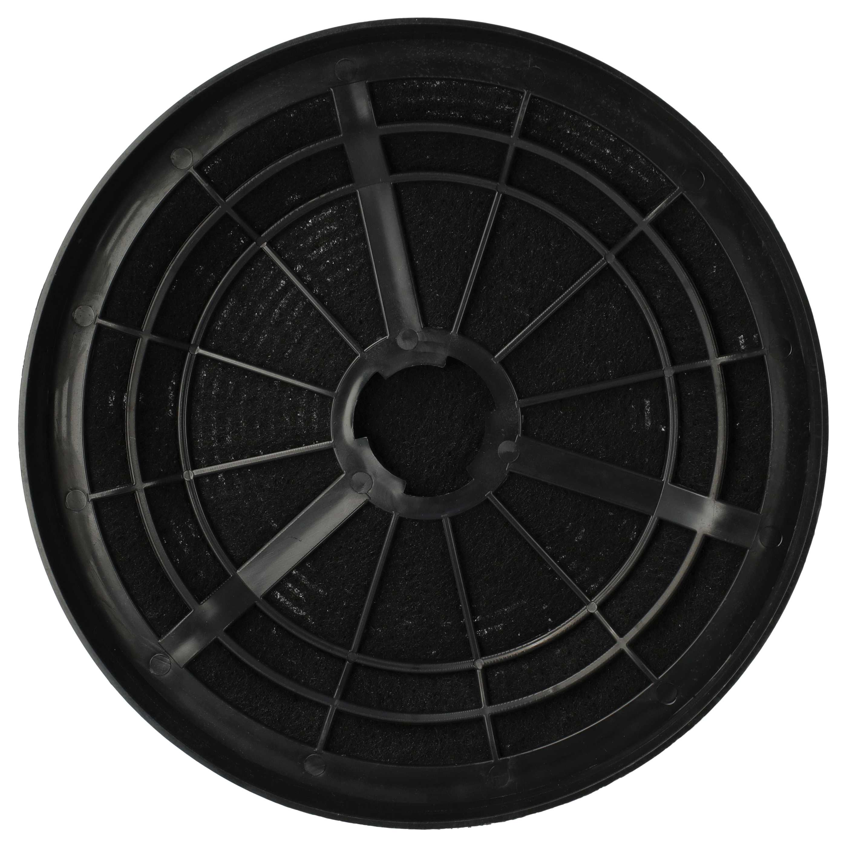 Ein schwarzer, kreisförmiger Luftfilter. Er hat ein Netz und einen Ring am Rand, ein Loch in der Mitte und einen schwarzen Filter.