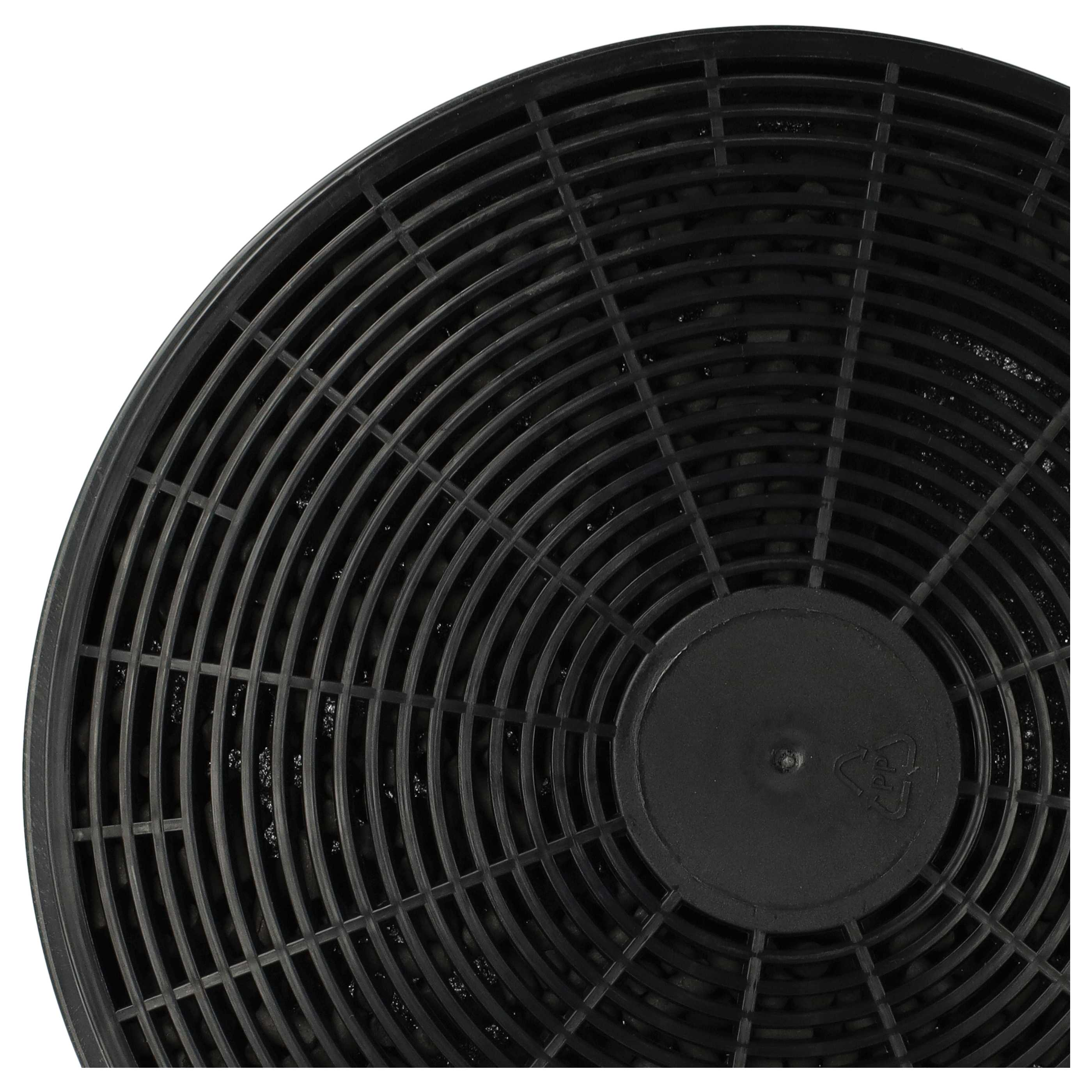 Nahaufnahme eines schwarzen, kreisförmigen Luftfilters mit Gittermuster. Die Mitte hat ein rundes Stück mit einem Recyclingsymbol.
