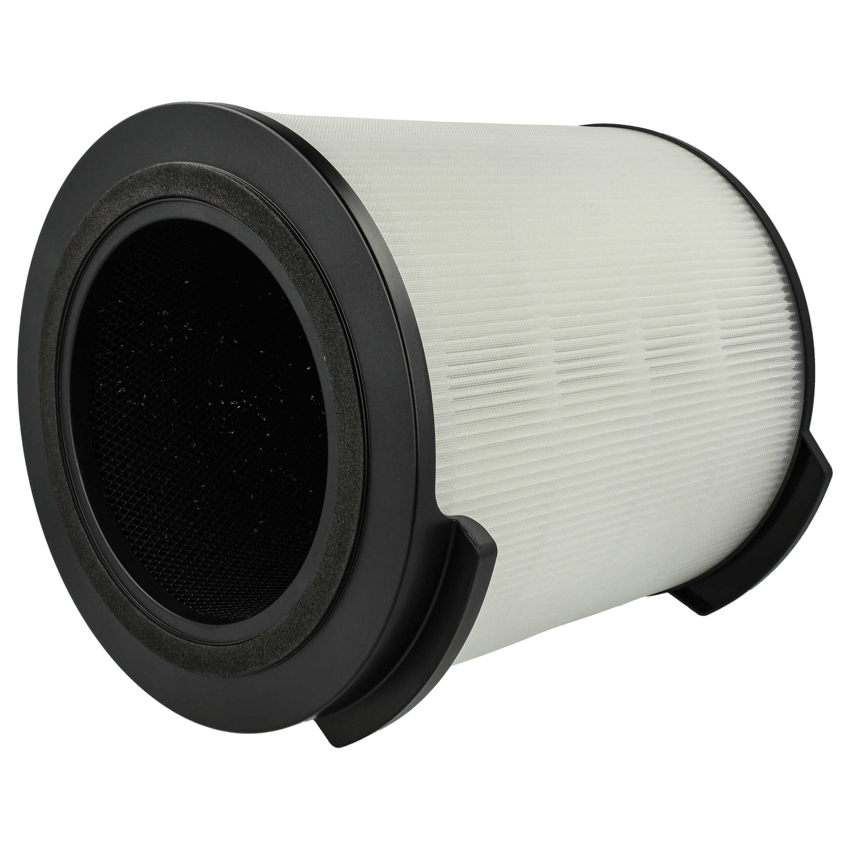 Ein Luftfilter mit zylindrischer Form. Er hat einen weißen, plissierten Filter, einen schwarzen Rahmen und ein schwarzes Netzinterieur.