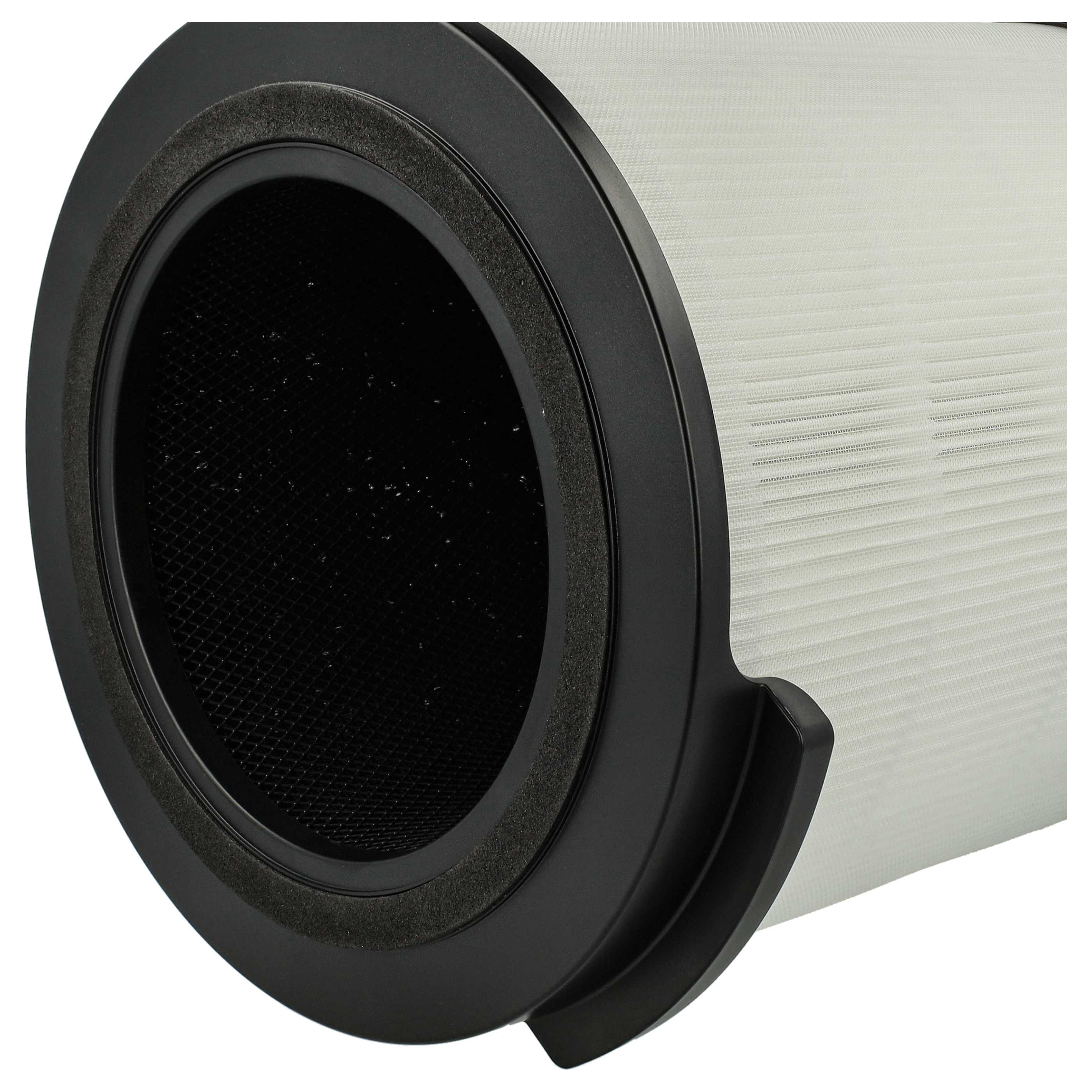 Nahaufnahme eines zylindrischen Luftfilters. Schwarzer Rahmen mit Netz, weißes Filtermaterial, schwarzer Griff.