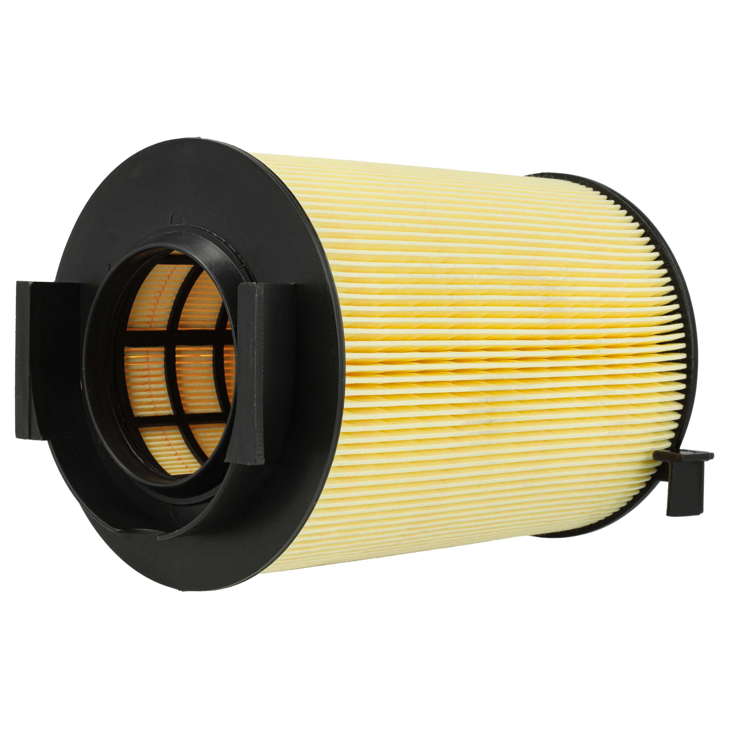 Ein Luftfilter mit gelbem, plissiertem Filter und schwarzem Rahmen ist vor weißem Hintergrund isoliert.