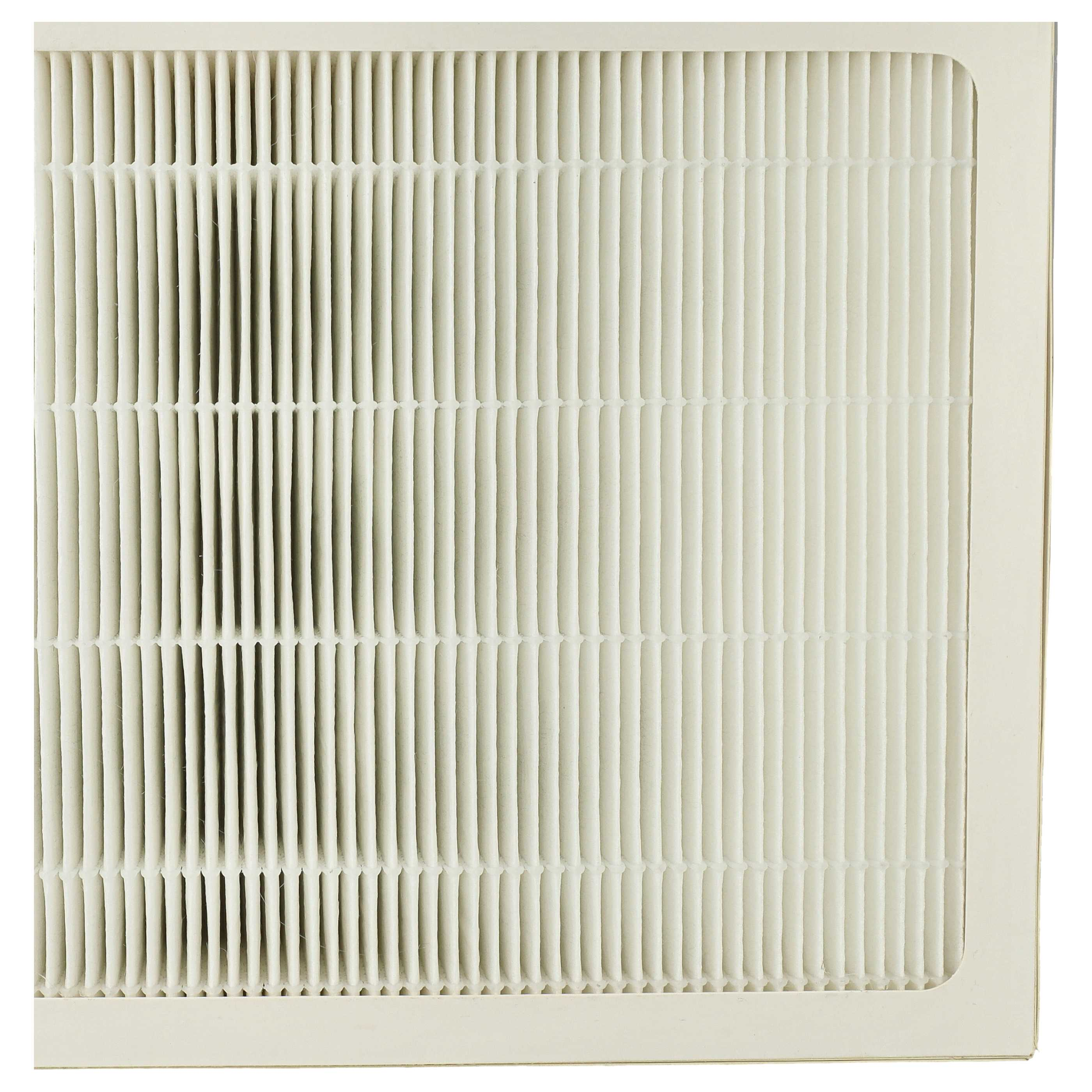 Ein rechteckiger Luftfilter mit vertikalen, parallelen, cremefarbenen Rippen. Die Kanten sind umrandet, und der Filter ist sauber.