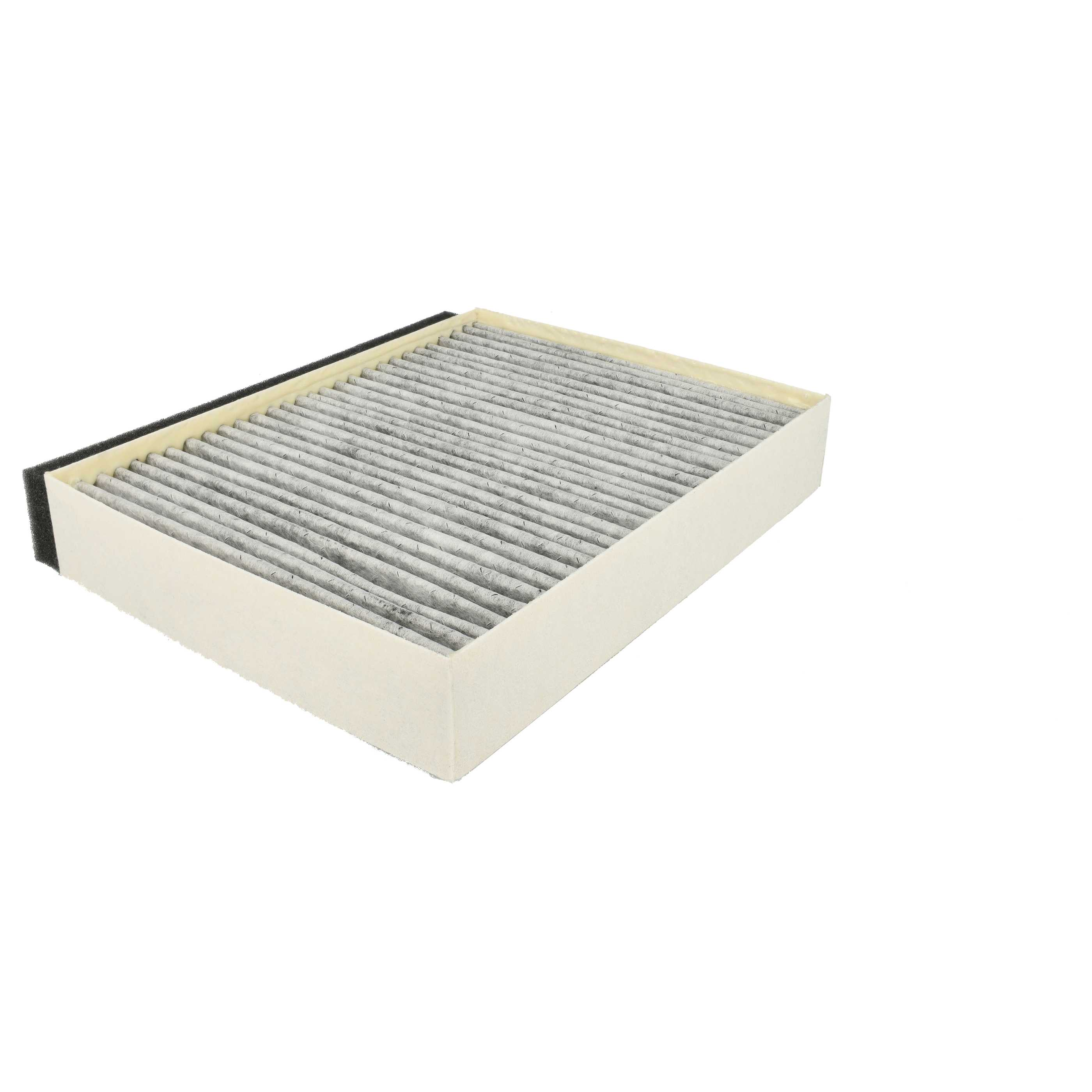 Ein rechteckiger Luftfilter mit grauem Filtermaterial und weißem Rahmen. Der Filter hat eine schwarze Kante.