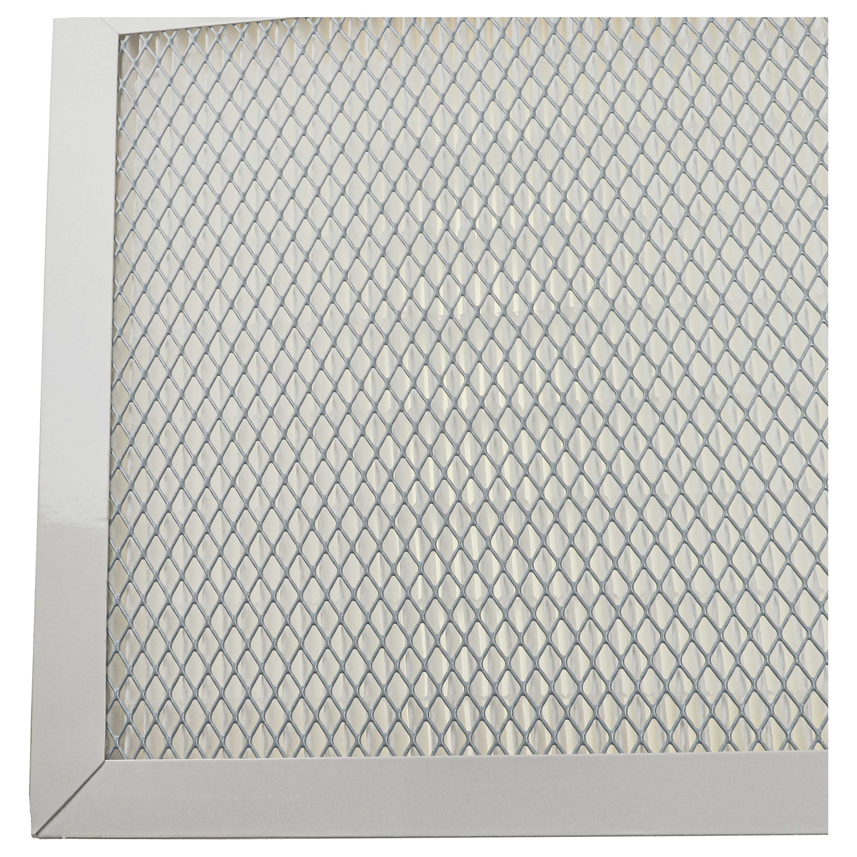 Ein Luftfilter mit einem Metallgitter. Der Filter ist rechteckig, mit weißem Rahmen und rautenförmigem Gitter.
