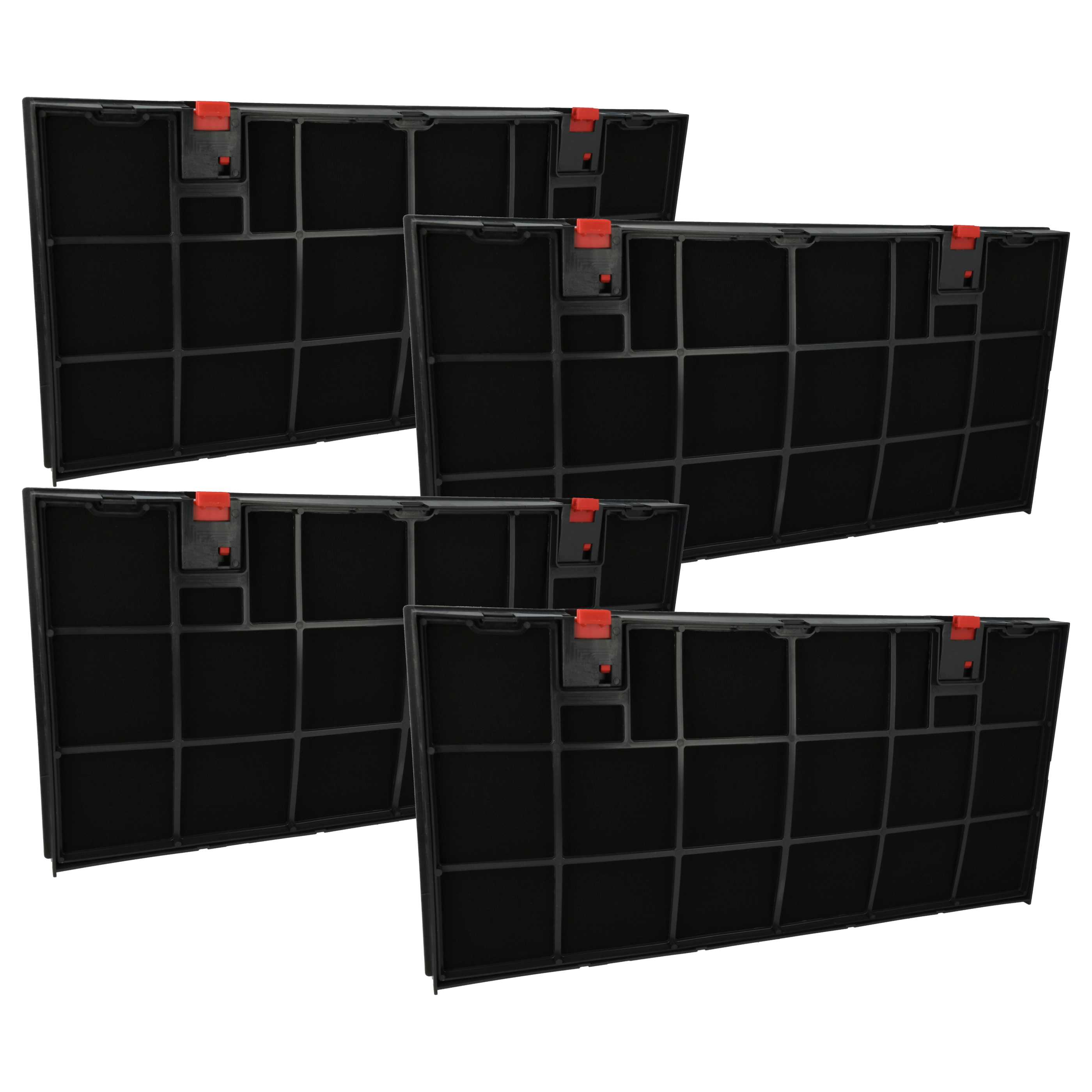 Vier schwarze Luftfilter mit roten Hebeln, diagonal auf weißem Hintergrund angeordnet. Jeder Filter hat ein Gitter.